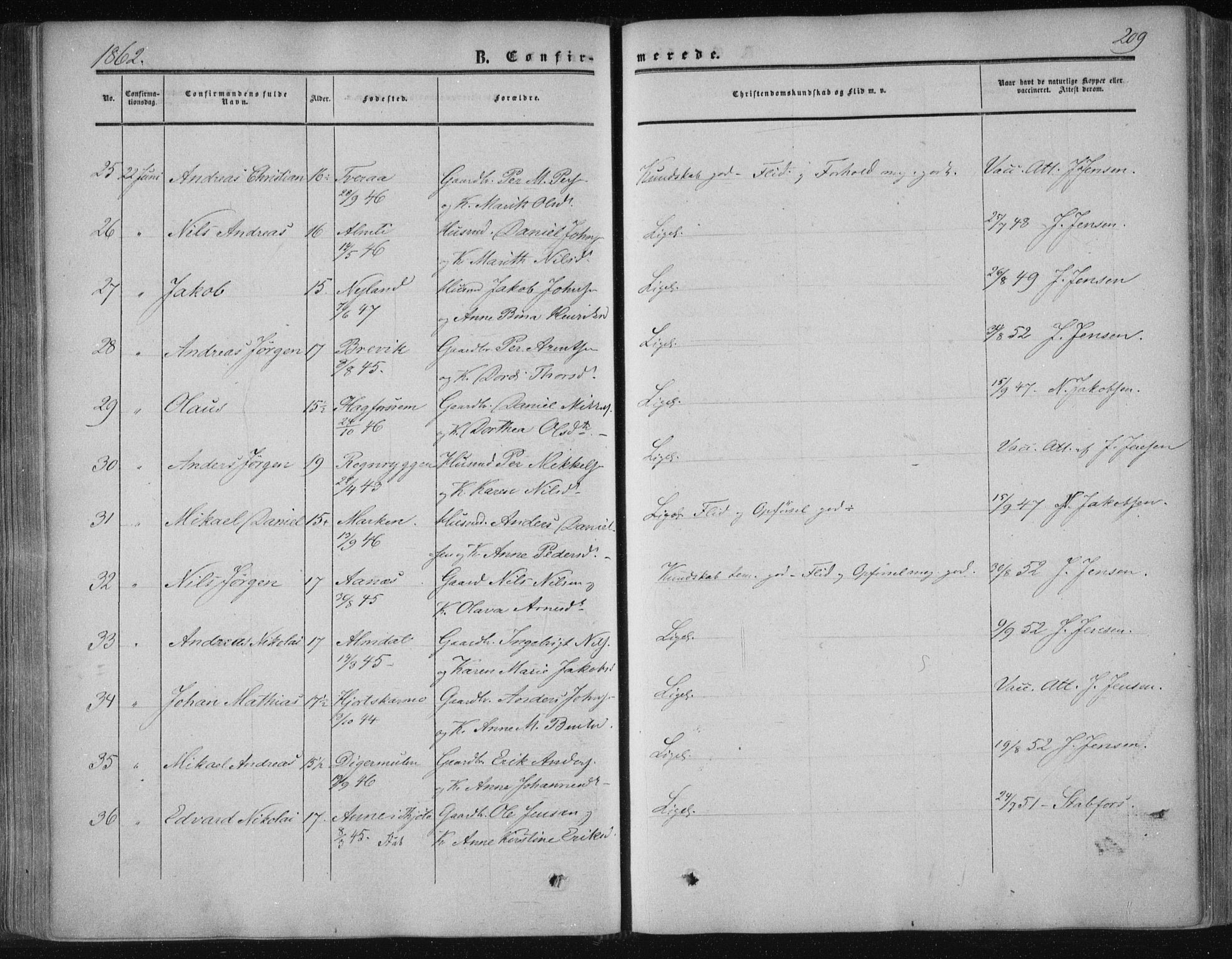 Ministerialprotokoller, klokkerbøker og fødselsregistre - Nordland, SAT/A-1459/820/L0293: Parish register (official) no. 820A14, 1855-1865, p. 209