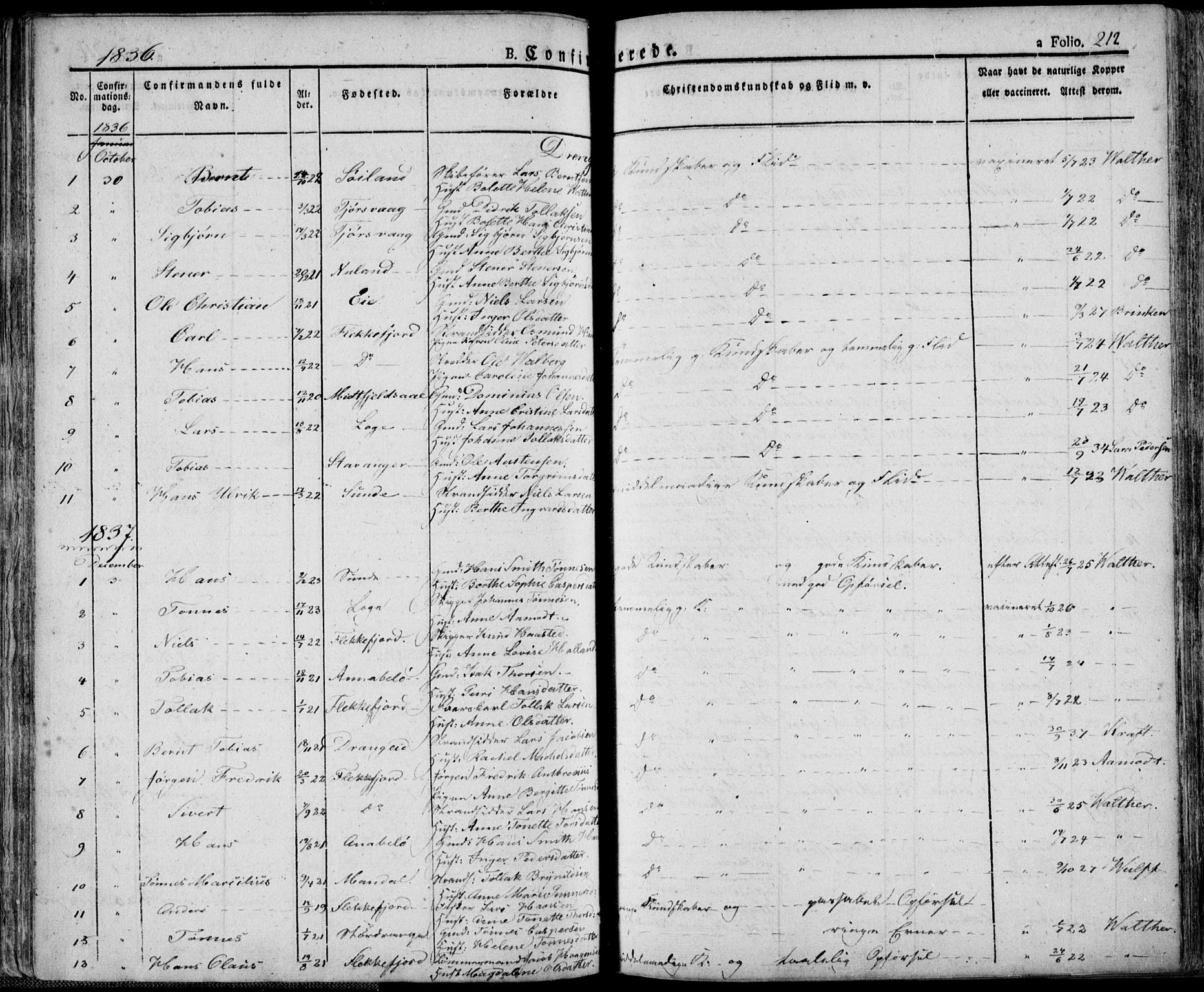 Flekkefjord sokneprestkontor, SAK/1111-0012/F/Fa/Fac/L0003: Parish register (official) no. A 3, 1826-1841, p. 212