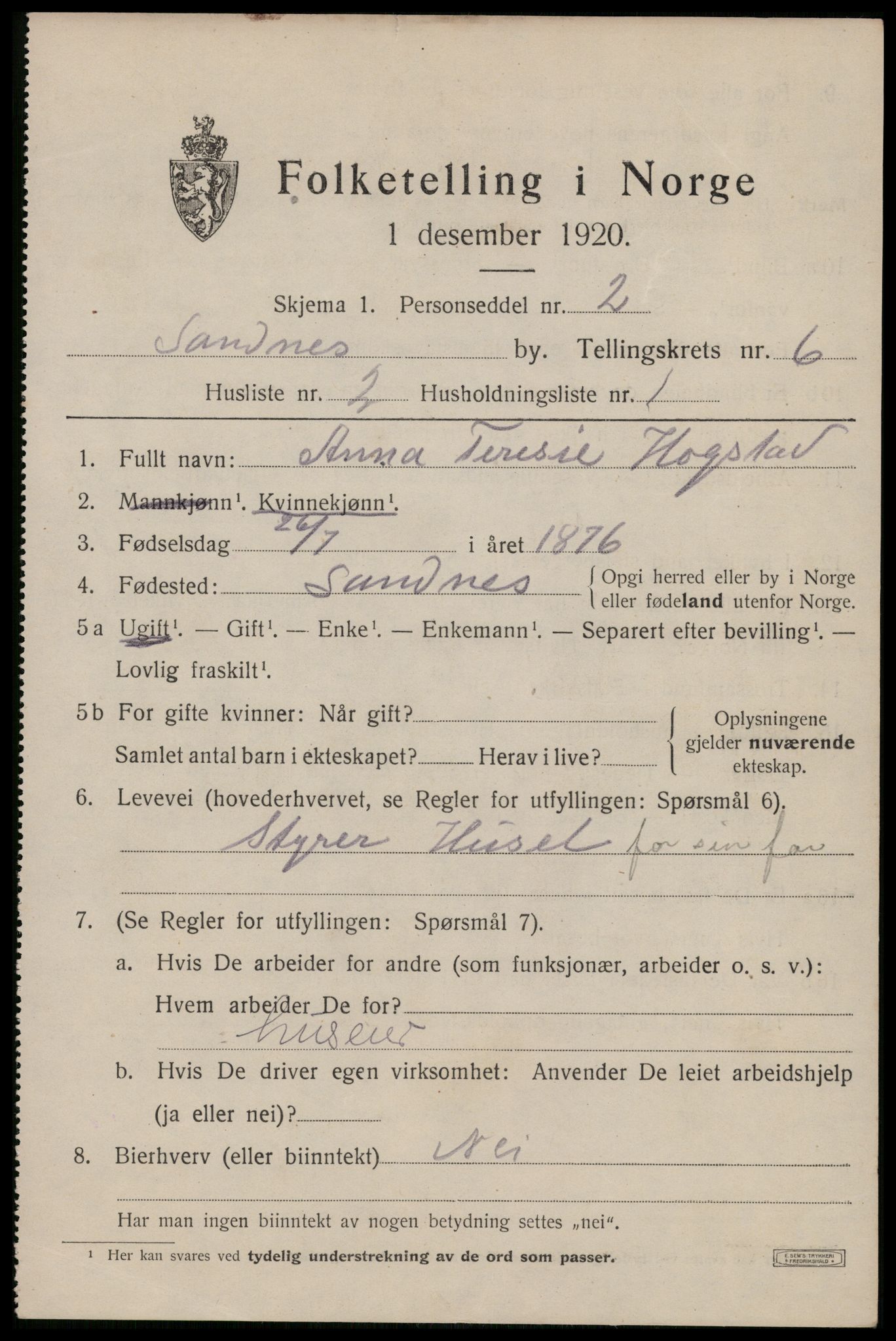 SAST, 1920 census for Sandnes, 1920, p. 5132