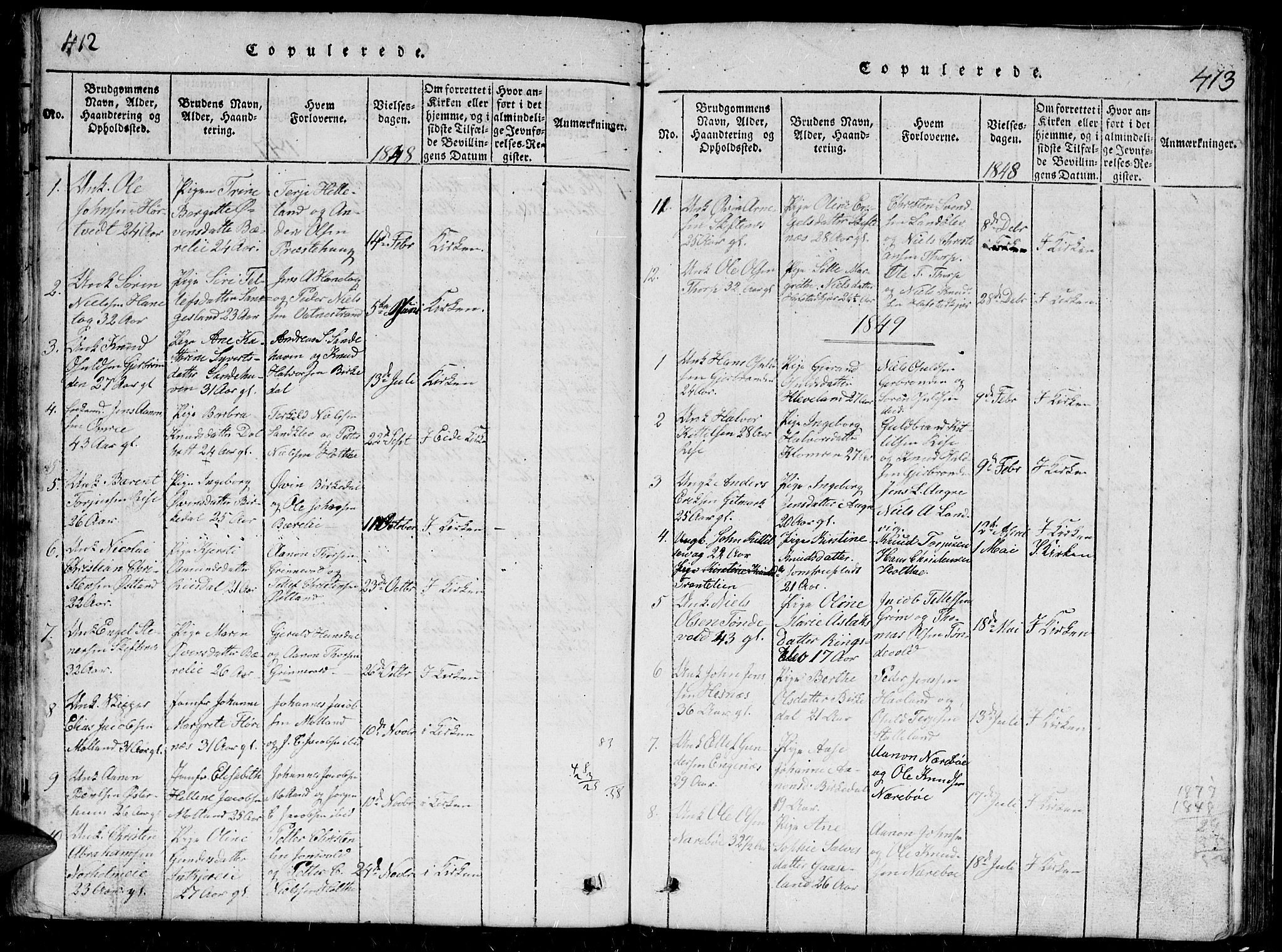 Hommedal sokneprestkontor, SAK/1111-0023/F/Fb/Fbb/L0003: Parish register (copy) no. B 3 /1, 1816-1850, p. 412-413