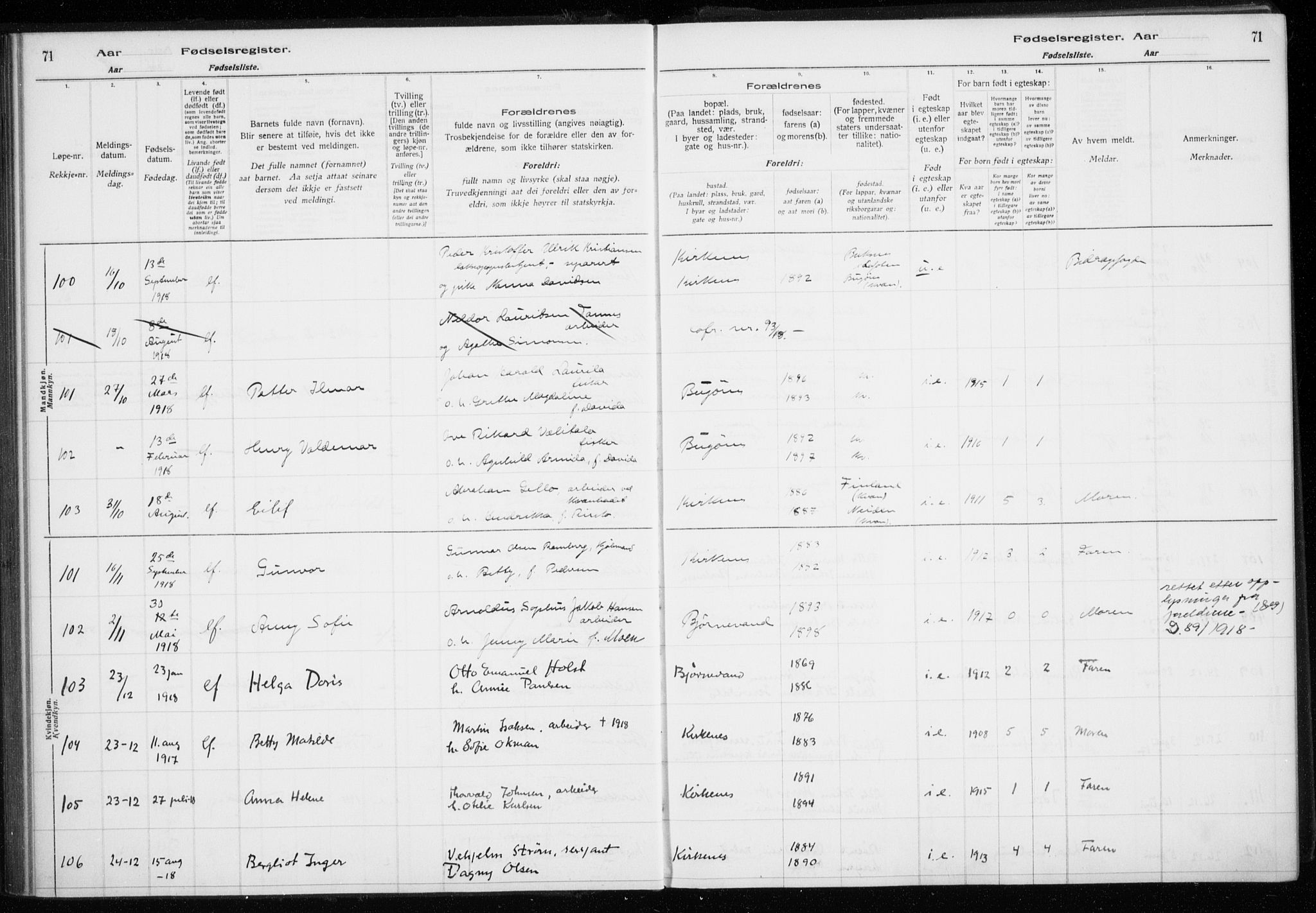 Sør-Varanger sokneprestkontor, AV/SATØ-S-1331/I/Ia/L0016: Birth register no. 16, 1915-1925, p. 71