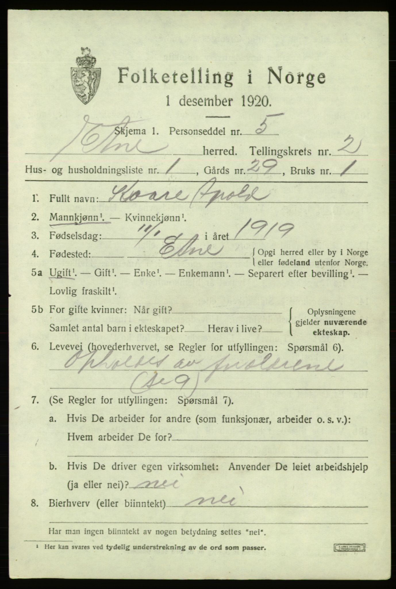 SAB, 1920 census for Etne, 1920, p. 1193