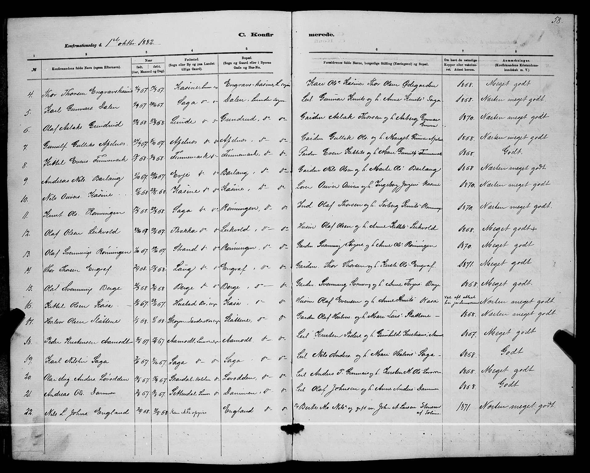 Lunde kirkebøker, AV/SAKO-A-282/G/Ga/L0001b: Parish register (copy) no. I 1, 1879-1887, p. 58