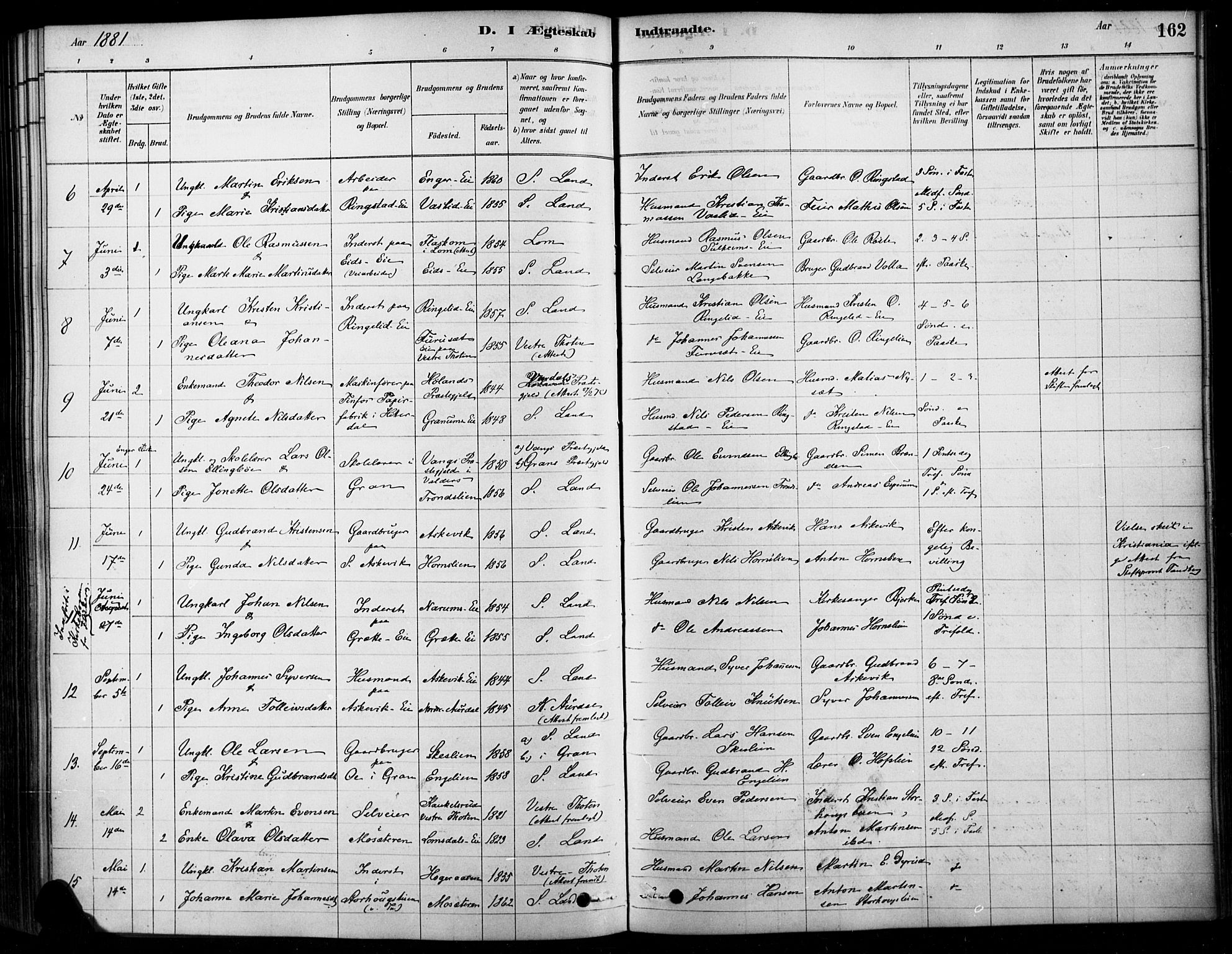 Søndre Land prestekontor, SAH/PREST-122/K/L0003: Parish register (official) no. 3, 1878-1894, p. 162