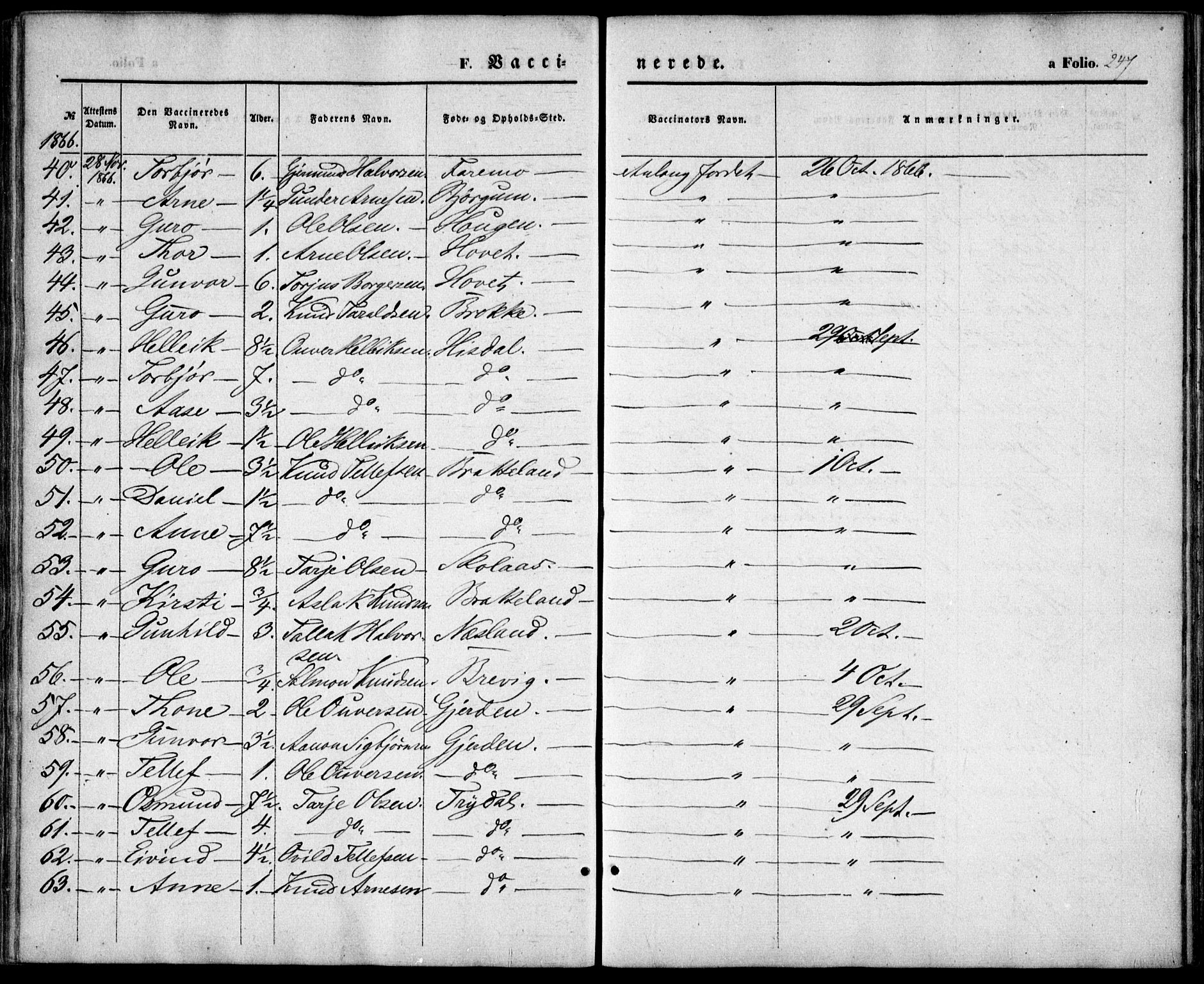 Valle sokneprestkontor, SAK/1111-0044/F/Fa/Fac/L0007: Parish register (official) no. A 7, 1854-1868, p. 247