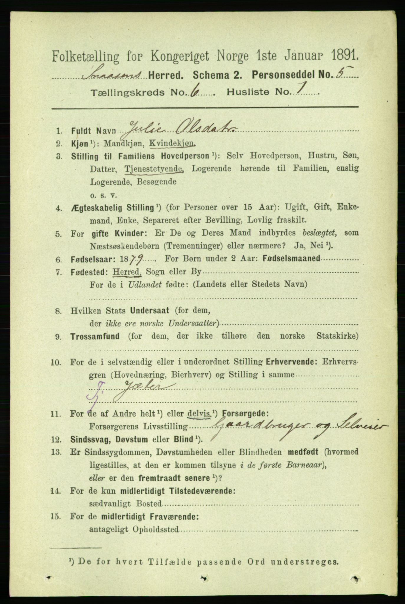 RA, 1891 census for 1736 Snåsa, 1891, p. 1890