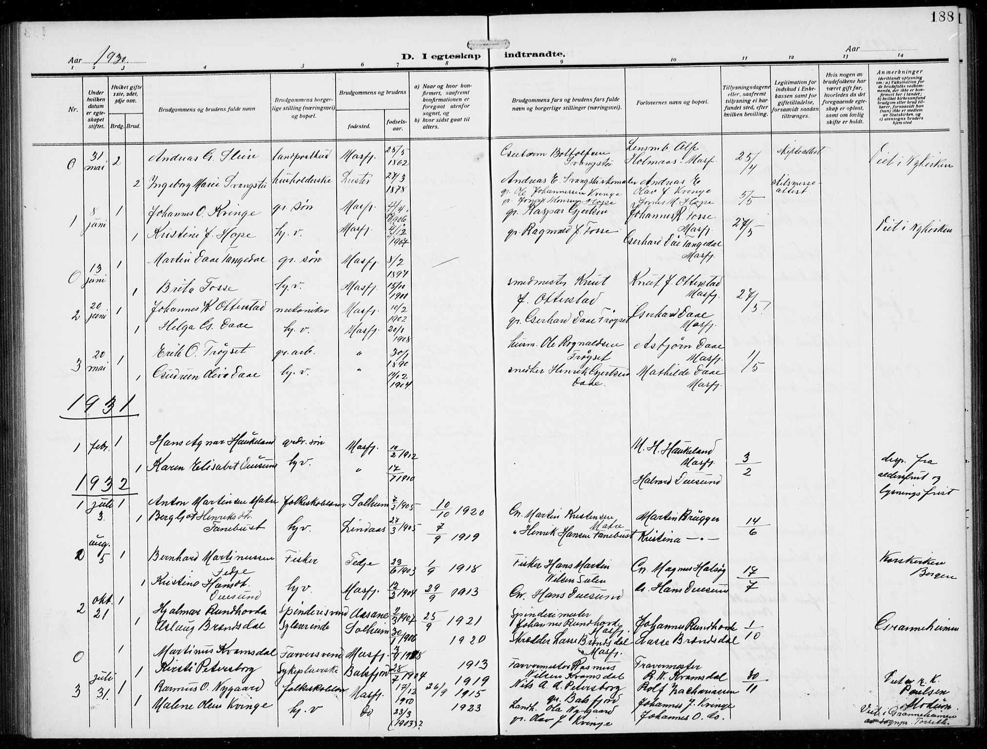 Masfjorden Sokneprestembete, SAB/A-77001: Parish register (copy) no. B  2, 1912-1939, p. 188
