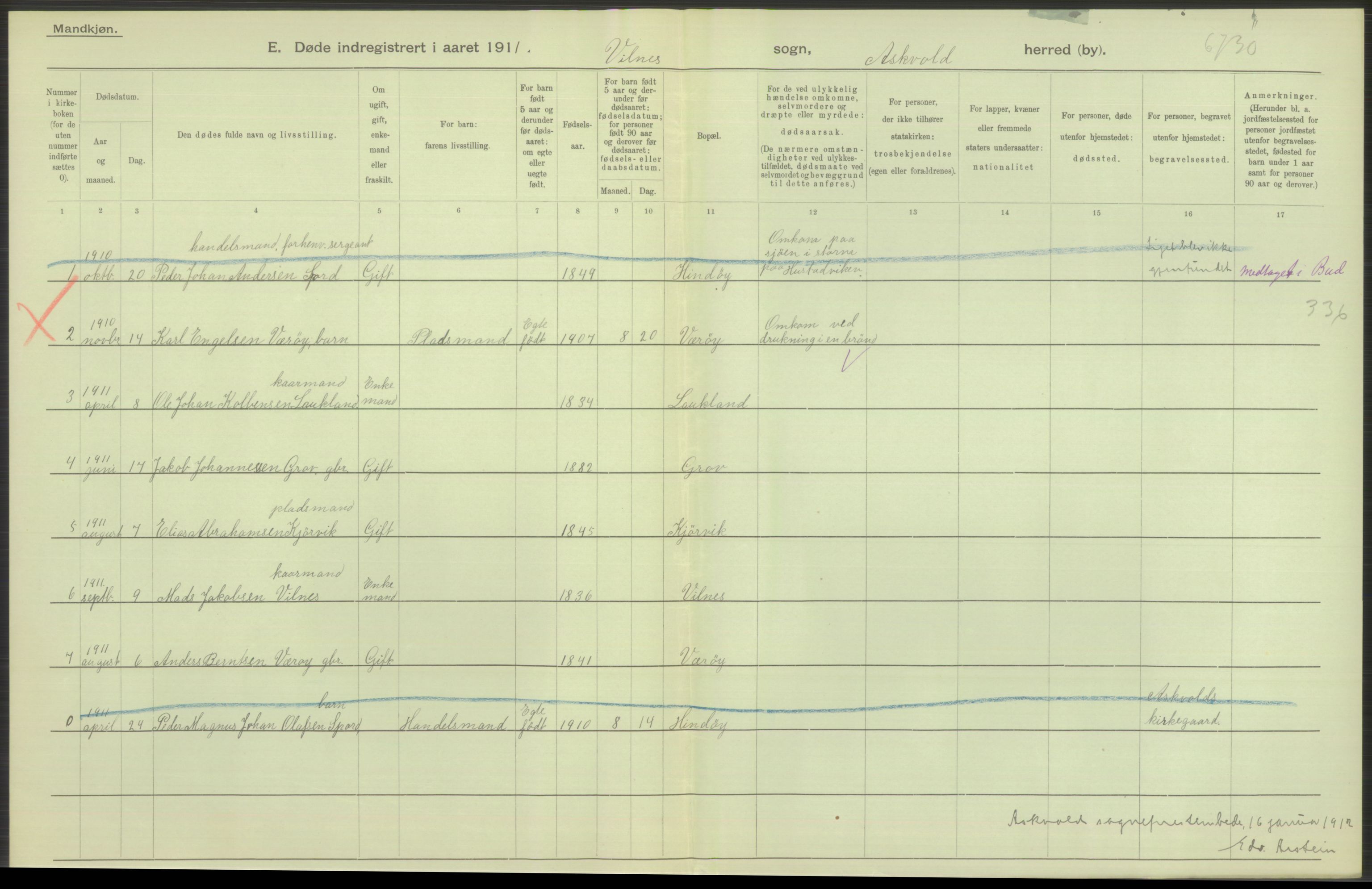 Statistisk sentralbyrå, Sosiodemografiske emner, Befolkning, AV/RA-S-2228/D/Df/Dfb/Dfba/L0034: N. Bergenhus amt:  Døde, dødfødte. Bygder., 1911, p. 110