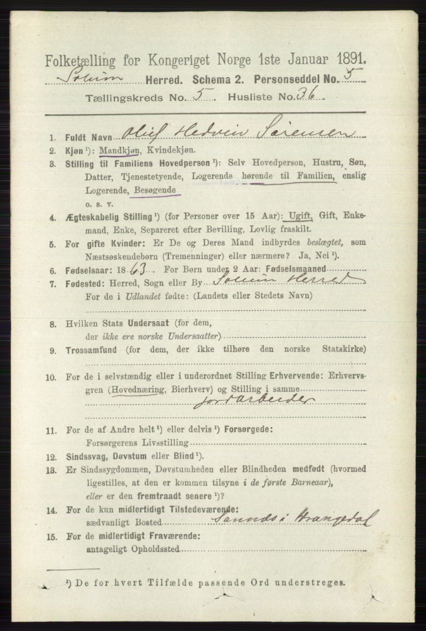 RA, 1891 census for 0818 Solum, 1891, p. 1059