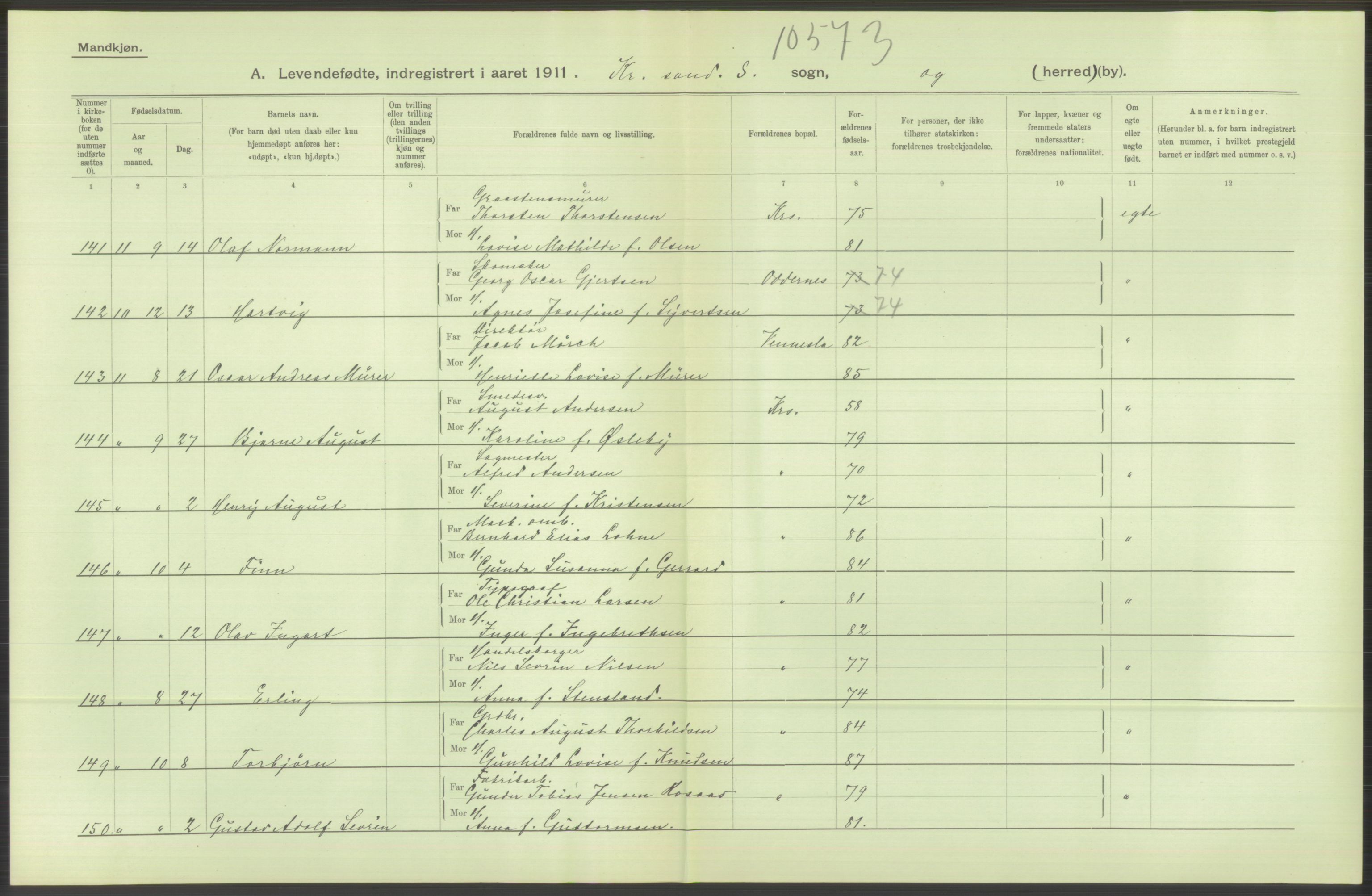 Statistisk sentralbyrå, Sosiodemografiske emner, Befolkning, AV/RA-S-2228/D/Df/Dfb/Dfba/L0023: Lister og Mandals amt:  Levendefødte menn og kvinner. Bygder og byer., 1911, p. 48