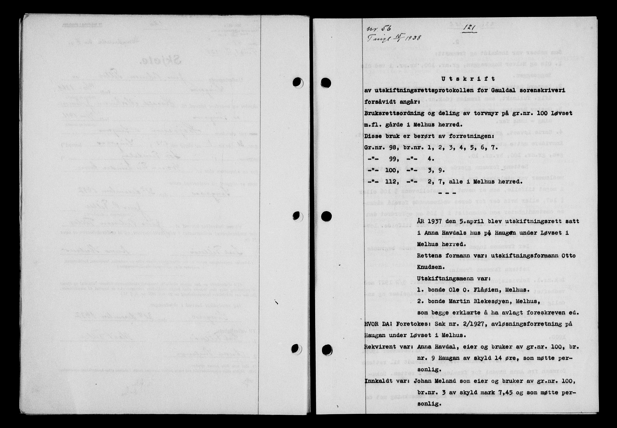 Gauldal sorenskriveri, SAT/A-0014/1/2/2C/L0048: Mortgage book no. 51-52, 1937-1938, p. 121, Diary no: : 56/1938