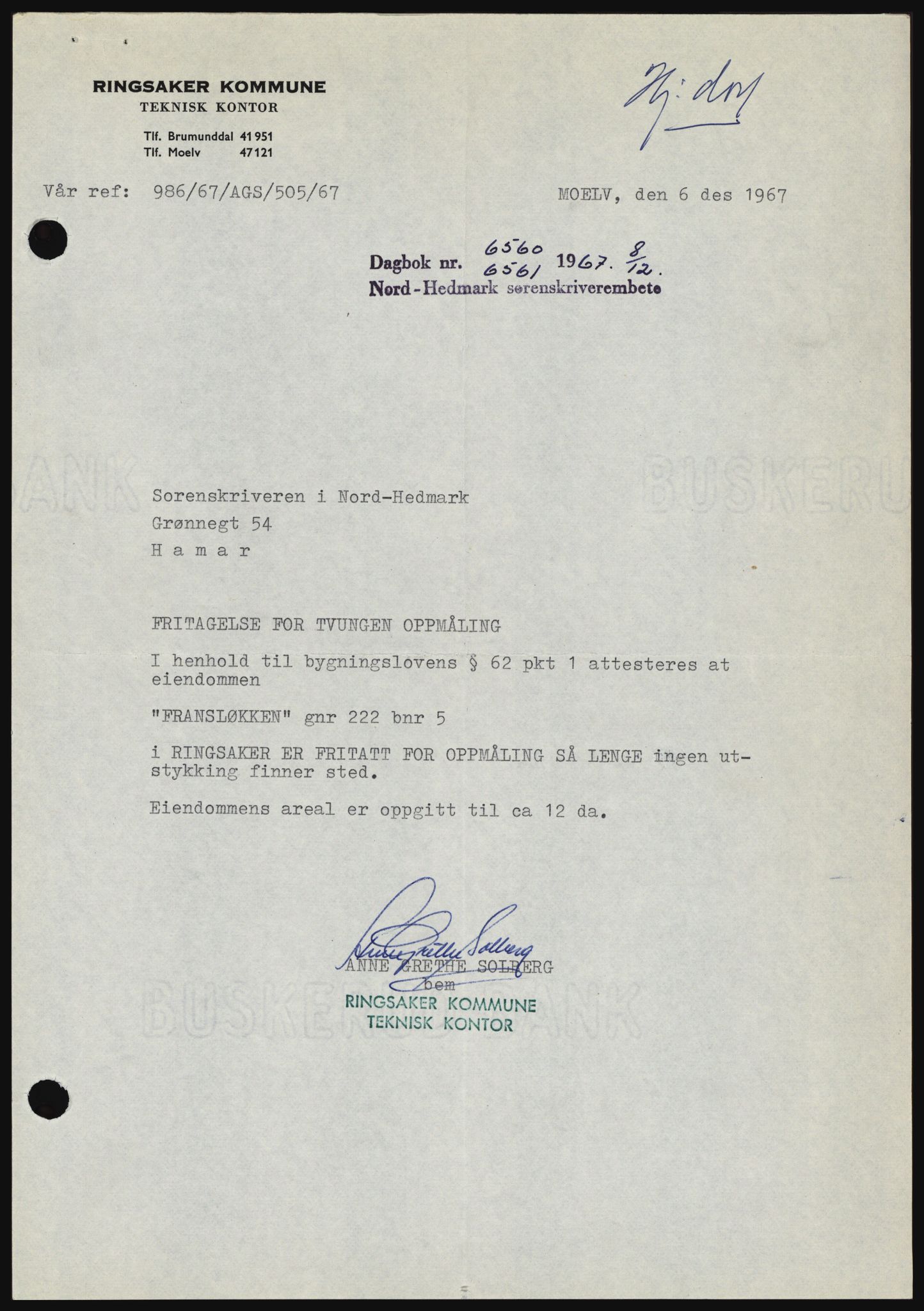 Nord-Hedmark sorenskriveri, SAH/TING-012/H/Hc/L0027: Mortgage book no. 27, 1967-1968, Diary no: : 6560/1967