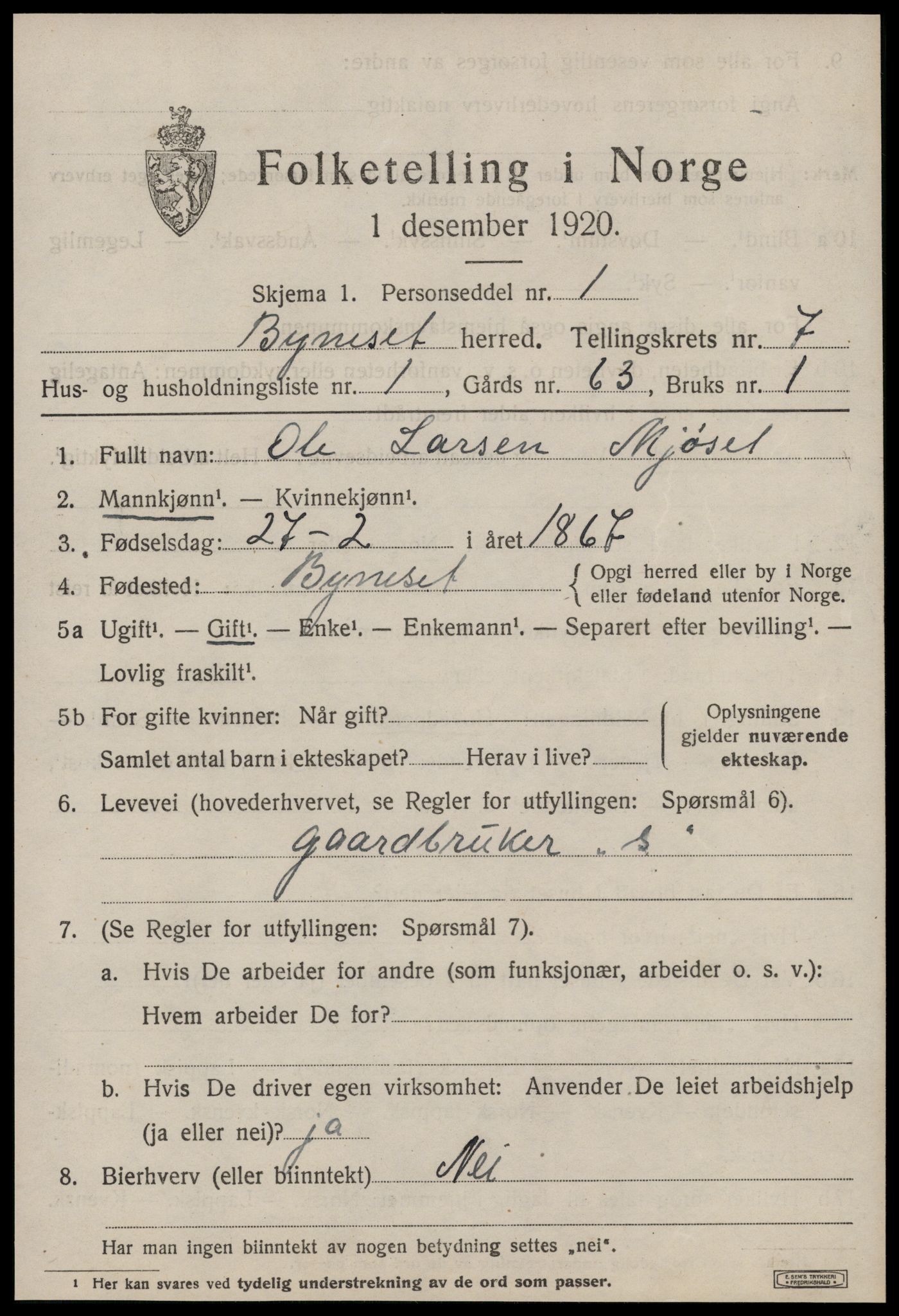 SAT, 1920 census for Byneset, 1920, p. 3464