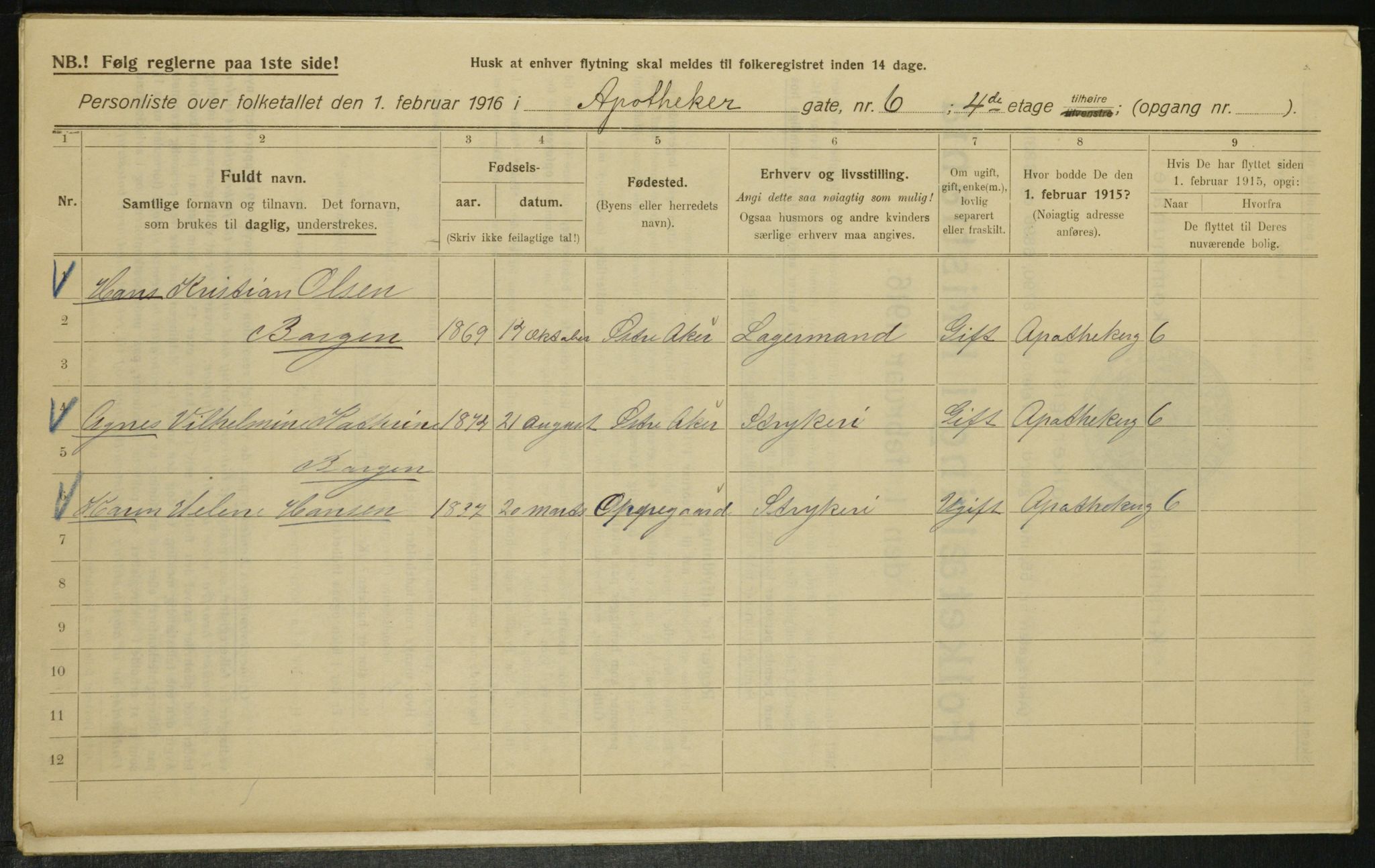 OBA, Municipal Census 1916 for Kristiania, 1916, p. 1397