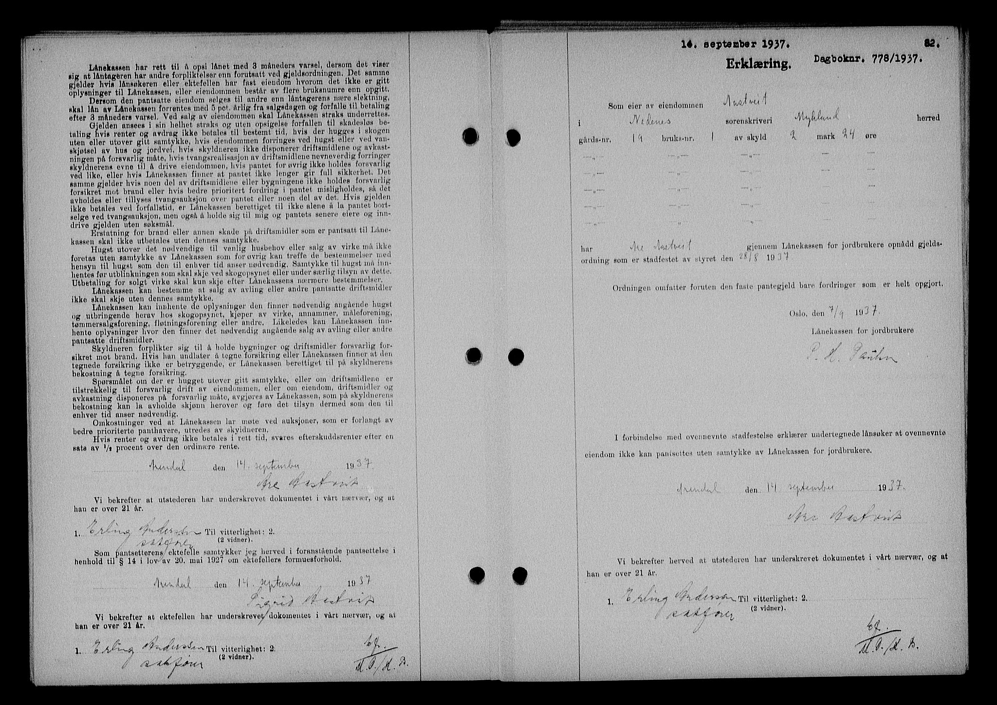 Nedenes sorenskriveri, SAK/1221-0006/G/Gb/Gba/L0044: Mortgage book no. 40, 1937-1938, Diary no: : 778/1937