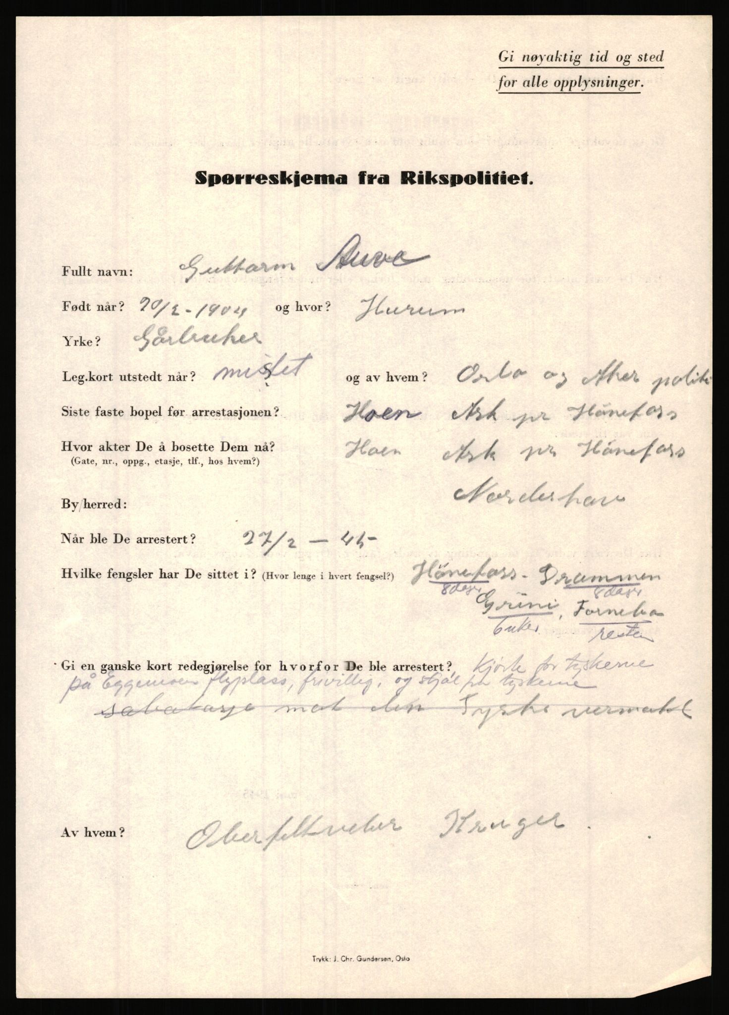 Rikspolitisjefen, AV/RA-S-1560/L/L0001: Abelseth, Rudolf - Berentsen, Odd, 1940-1945, p. 1053