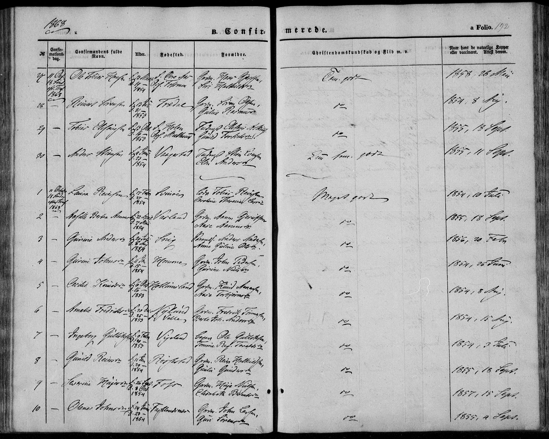 Sør-Audnedal sokneprestkontor, AV/SAK-1111-0039/F/Fa/Fab/L0007: Parish register (official) no. A 7, 1855-1876, p. 192