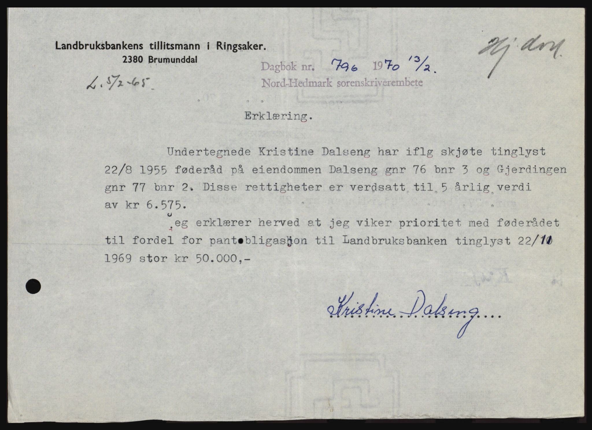 Nord-Hedmark sorenskriveri, SAH/TING-012/H/Hc/L0033: Mortgage book no. 33, 1970-1970, Diary no: : 796/1970