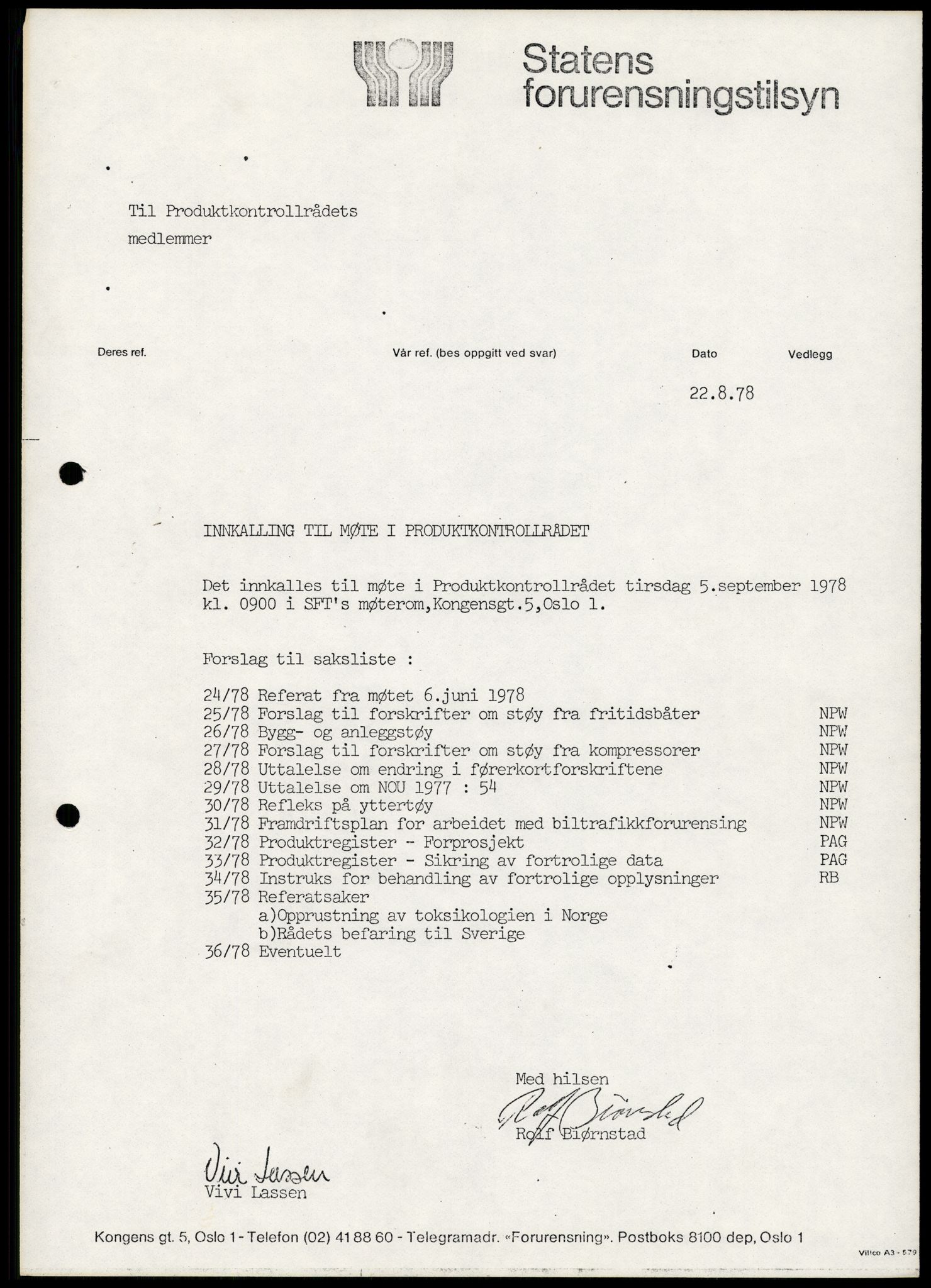 Statens forurensningstilsyn, hovedkontoret, AV/RA-S-4136/1/A/Ab/L0003: Produktkontrollrådet - Innkalling og referater, 1978