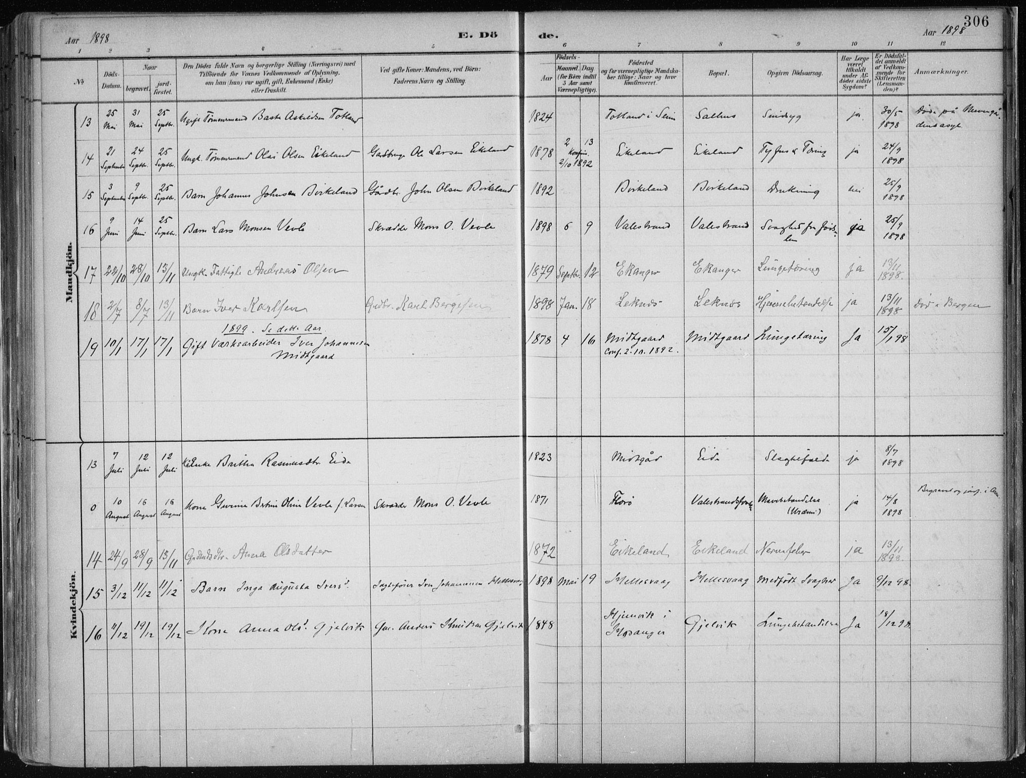 Hamre sokneprestembete, SAB/A-75501/H/Ha/Haa/Haab/L0001: Parish register (official) no. B  1, 1882-1905, p. 306