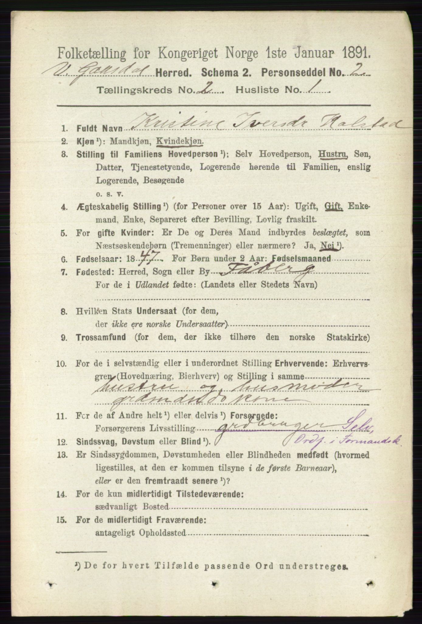 RA, 1891 census for 0523 Vestre Gausdal, 1891, p. 510