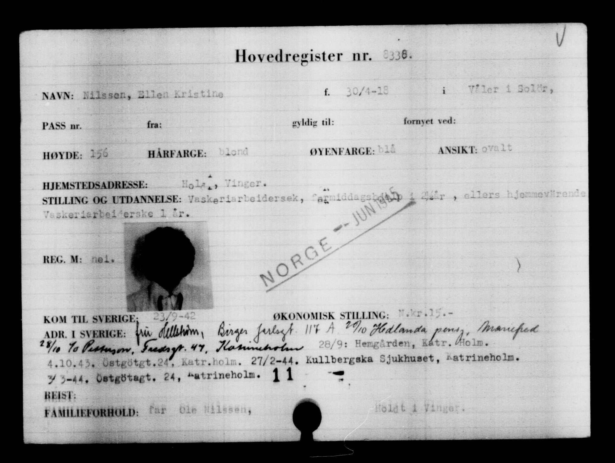 Utenriksstasjonene, Legasjonen i Stockholm, Flyktningkontoret, AV/RA-S-6753/V/Va/L0005: Kjesäterkartoteket, flyktninger med registreringsnr. 6600-9417, 1940-1945, p. 2015
