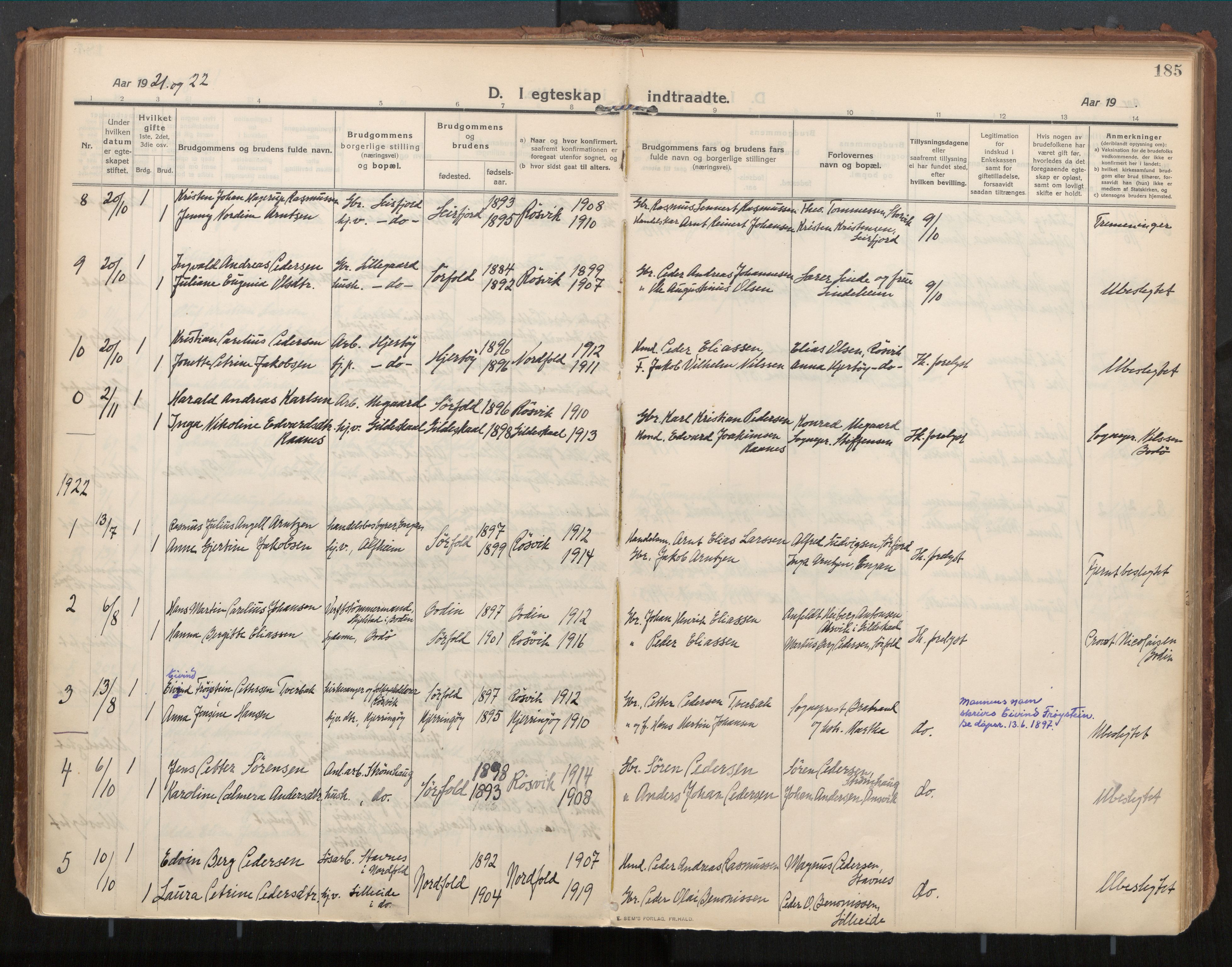 Ministerialprotokoller, klokkerbøker og fødselsregistre - Nordland, SAT/A-1459/854/L0784: Parish register (official) no. 854A07, 1910-1922, p. 185