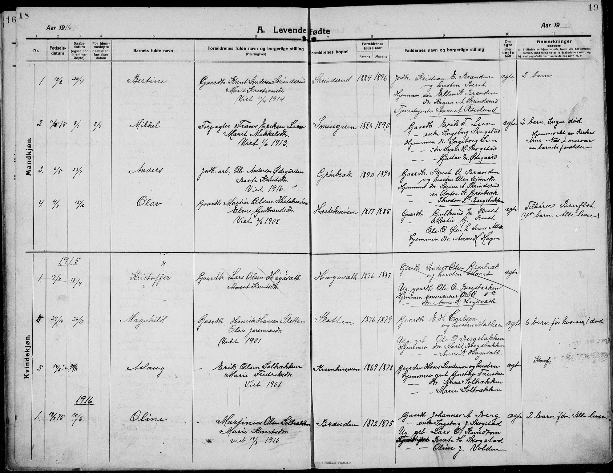 Etnedal prestekontor, SAH/PREST-130/H/Ha/Hab/Habb/L0002: Parish register (copy) no. II 2, 1912-1934, p. 18-19