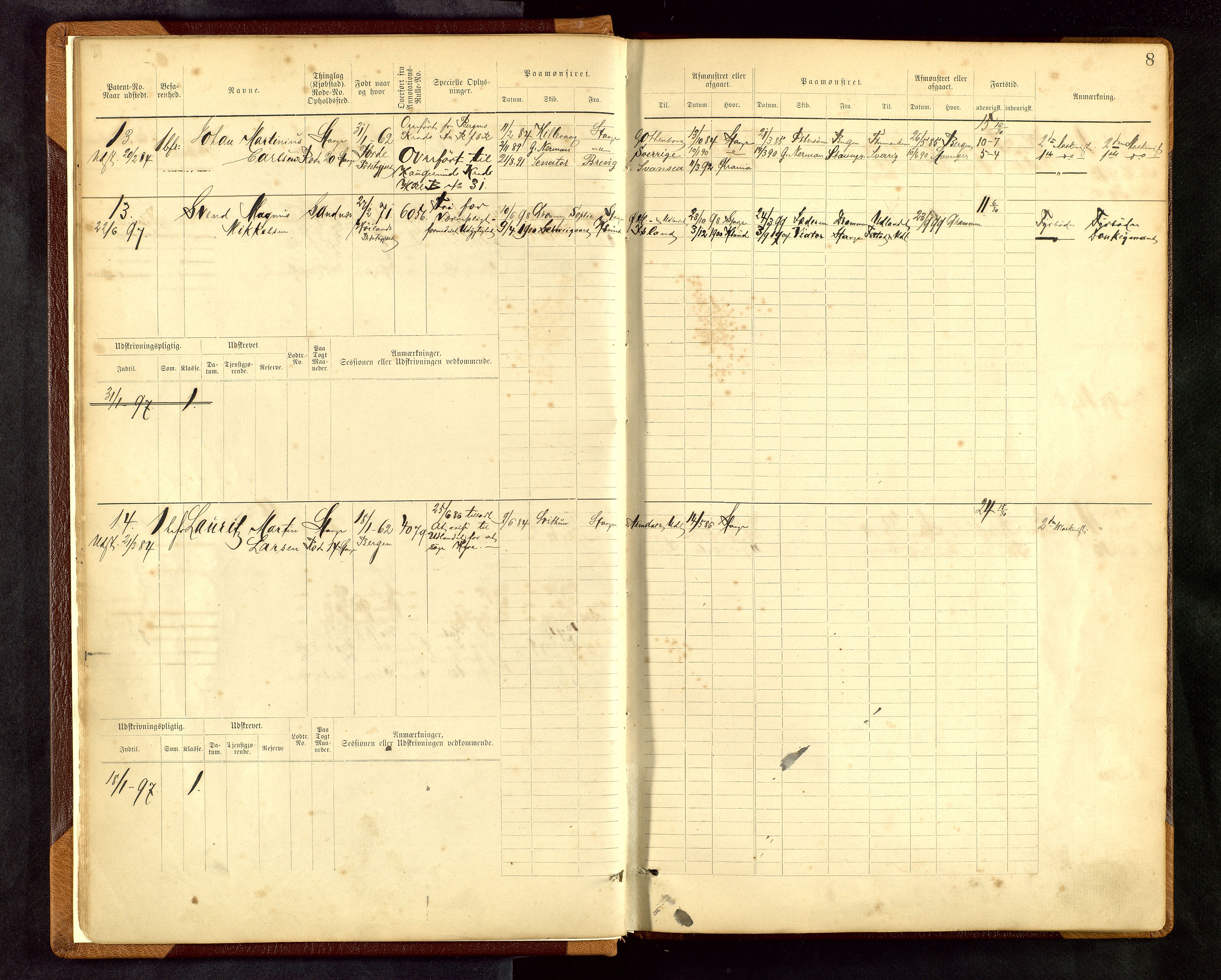 Stavanger sjømannskontor, AV/SAST-A-102006/F/Fe/L0001: Maskinist- og fyrbøterrulle, patentnr. 1-58/1-194, 1884-1894, p. 11