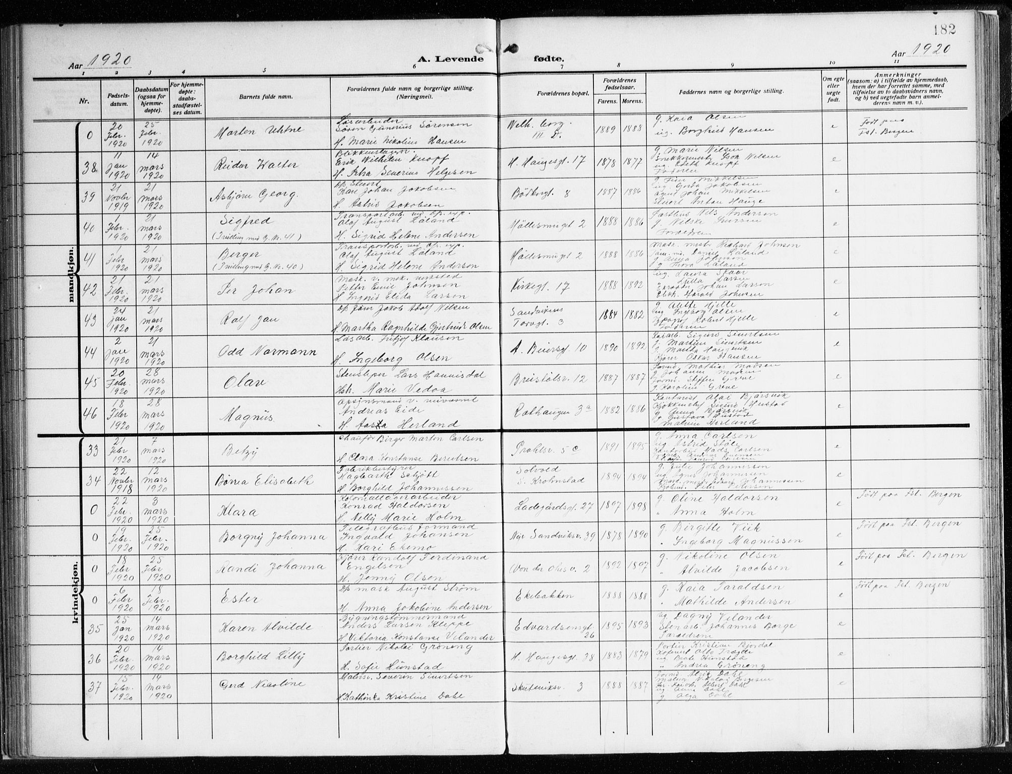 Sandviken Sokneprestembete, AV/SAB-A-77601/H/Ha/L0007: Parish register (official) no. B 4, 1912-1924, p. 182