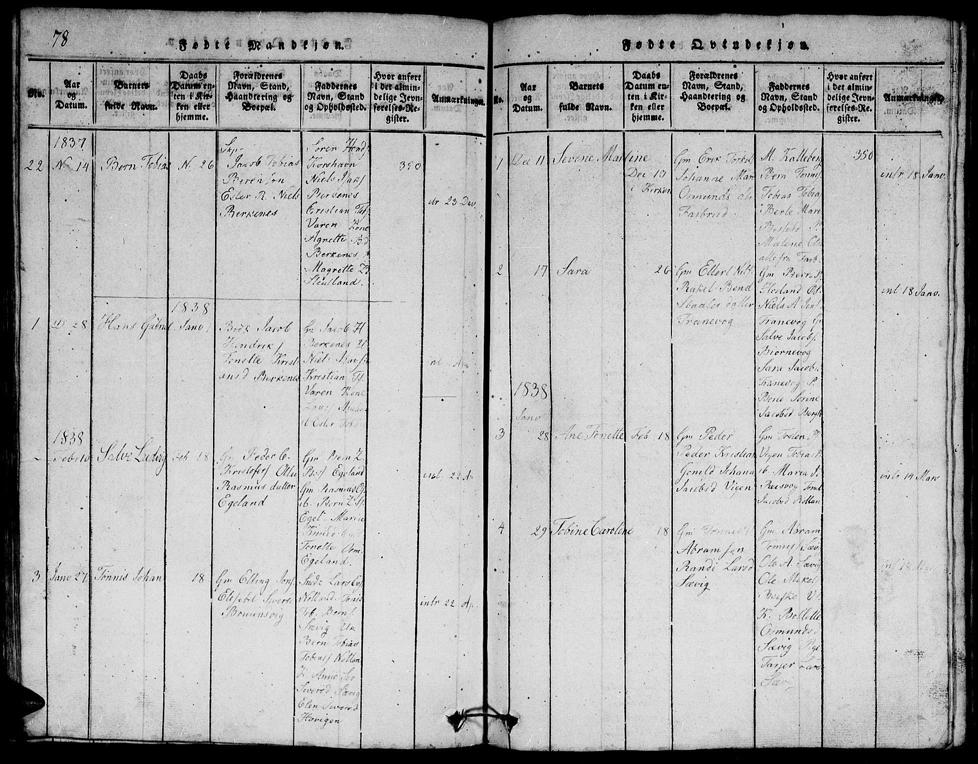 Herad sokneprestkontor, SAK/1111-0018/F/Fb/Fbb/L0001: Parish register (copy) no. B 1, 1815-1852, p. 78