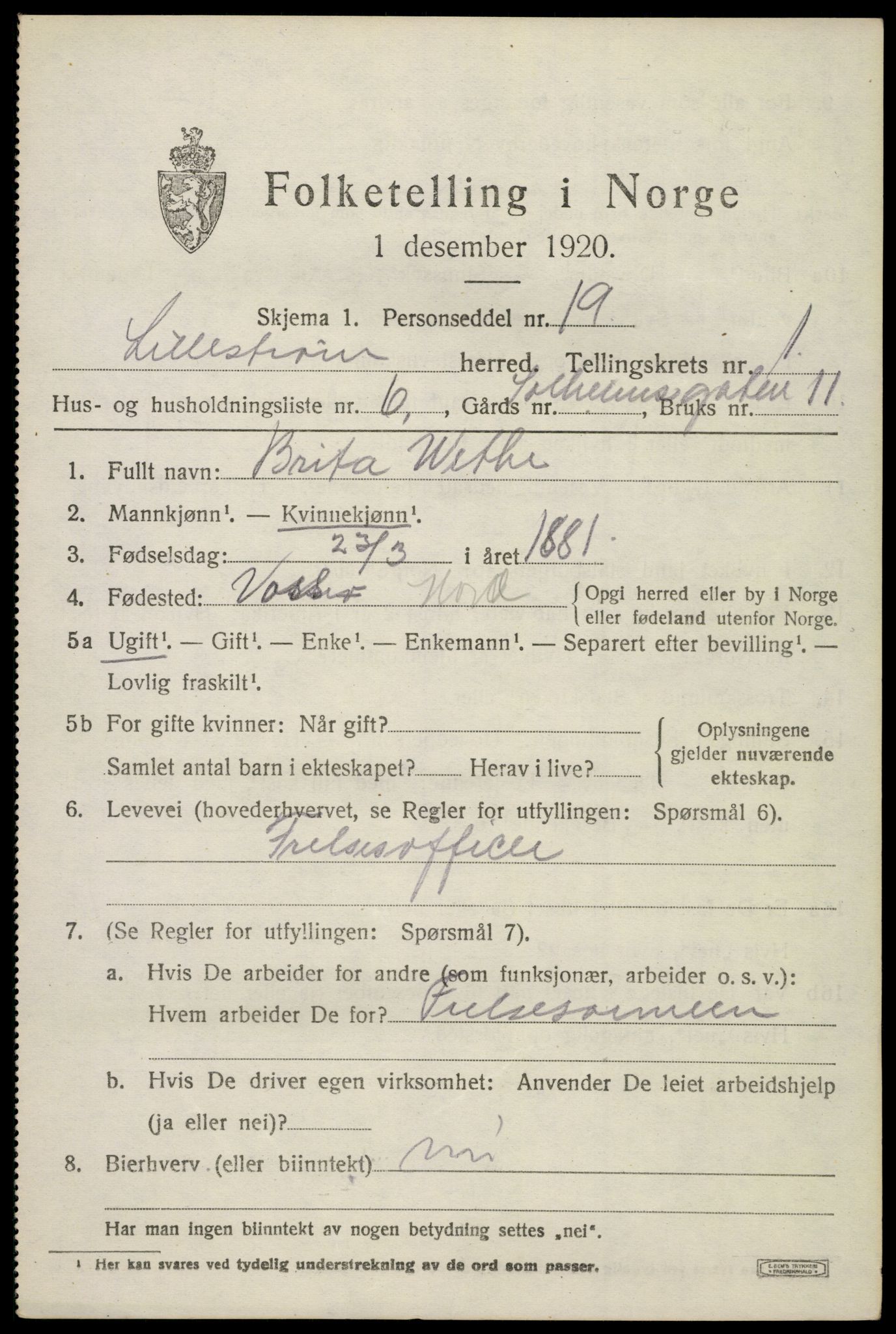 SAO, 1920 census for Lillestrøm, 1920, p. 1564