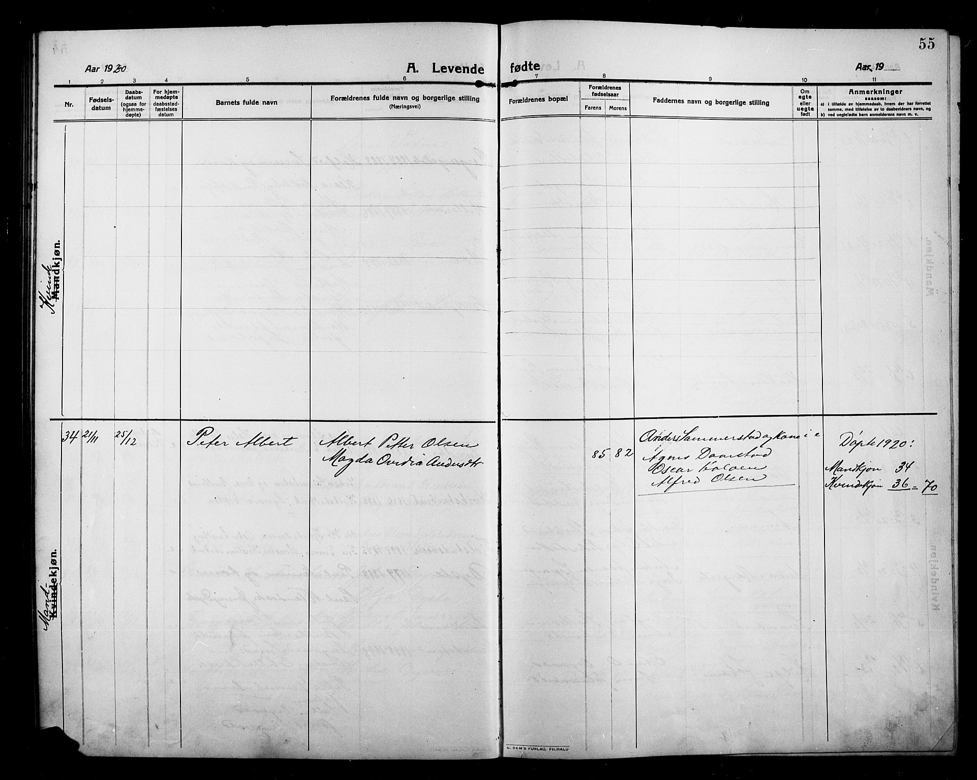 Kolbu prestekontor, SAH/PREST-110/H/Ha/Hab/L0001: Parish register (copy) no. 1, 1912-1925, p. 55