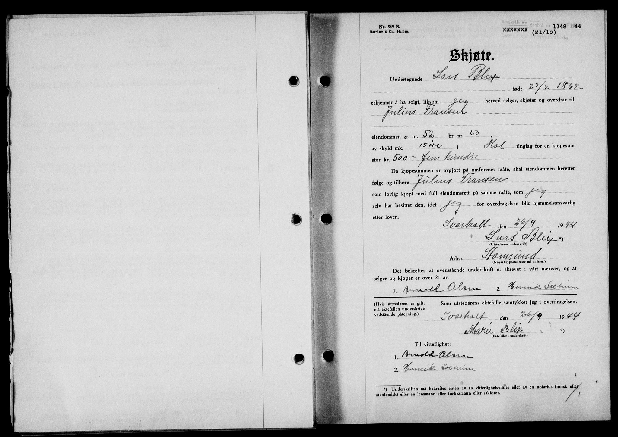 Lofoten sorenskriveri, SAT/A-0017/1/2/2C/L0012a: Mortgage book no. 12a, 1943-1944, Diary no: : 1148/1944