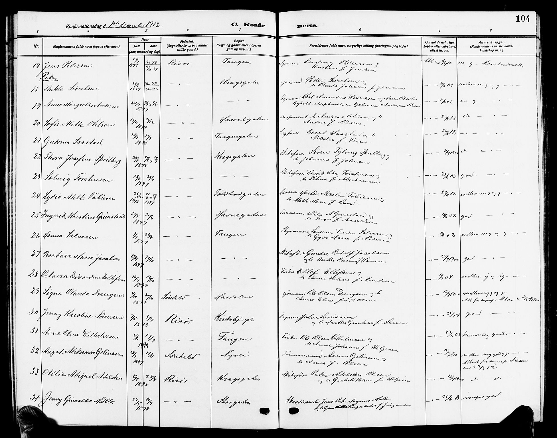 Risør sokneprestkontor, AV/SAK-1111-0035/F/Fb/L0008: Parish register (copy) no. B 8, 1909-1921, p. 104