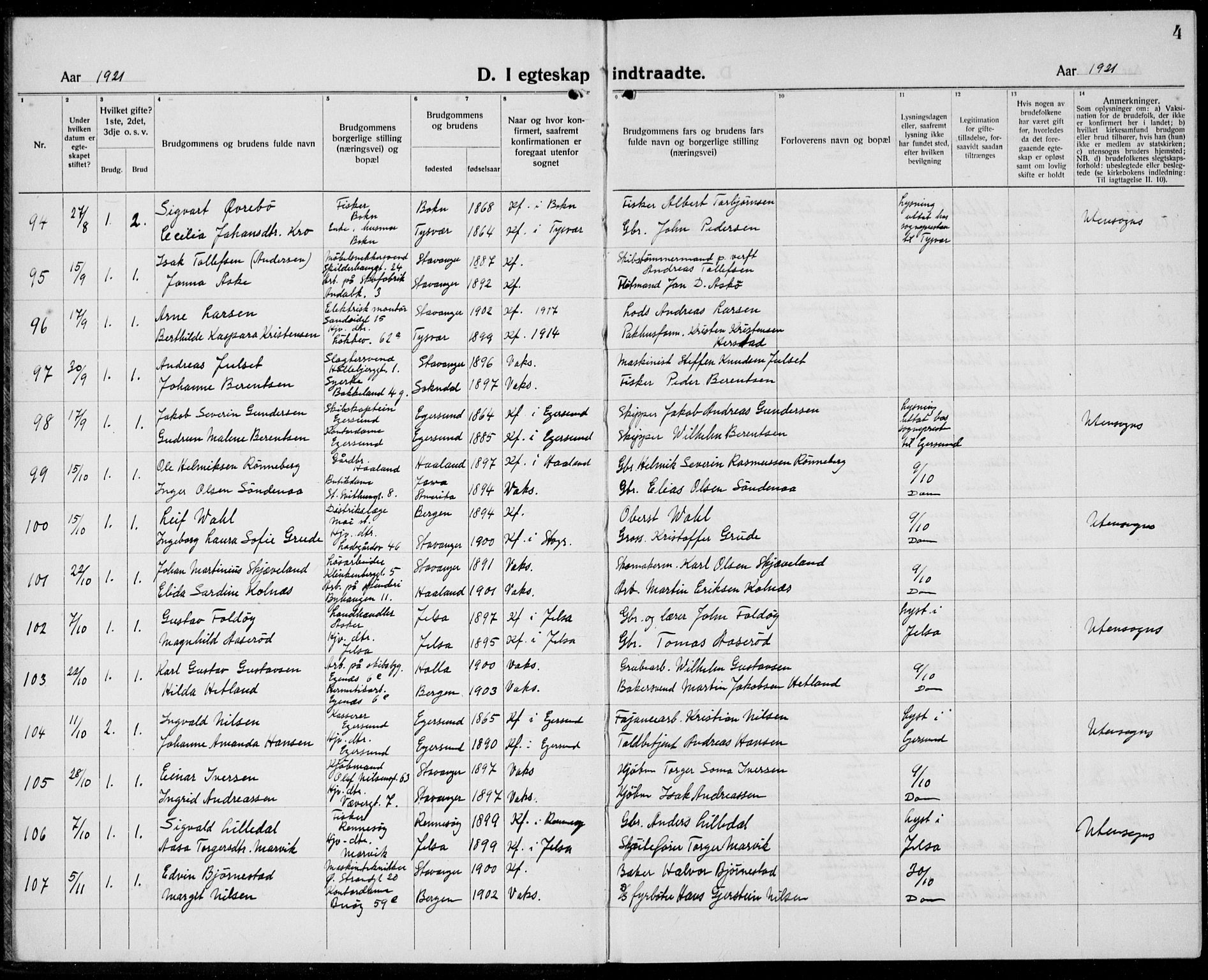 Domkirken sokneprestkontor, AV/SAST-A-101812/001/30/30BB/L0020: Parish register (copy) no. B 20, 1921-1937, p. 4