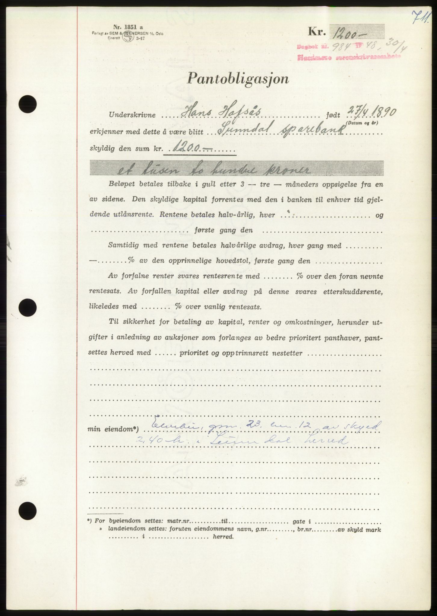 Nordmøre sorenskriveri, AV/SAT-A-4132/1/2/2Ca: Mortgage book no. B98, 1948-1948, Diary no: : 984/1948