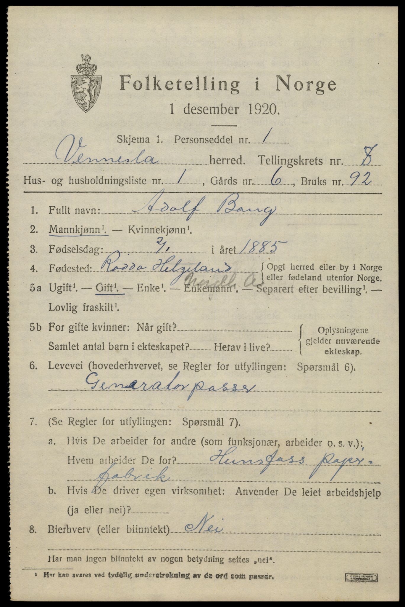 SAK, 1920 census for Vennesla, 1920, p. 5510