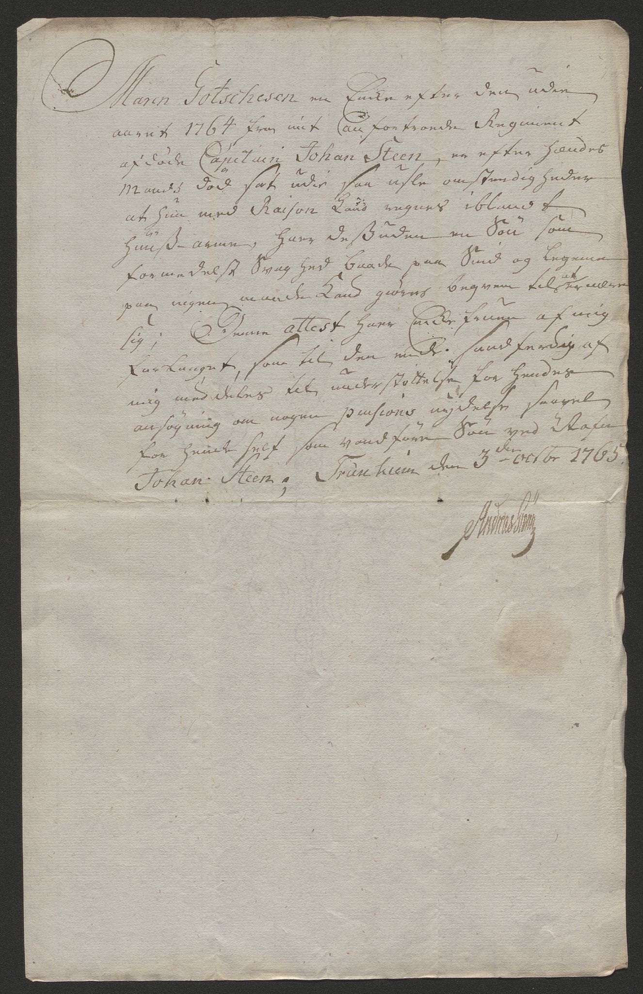 Forsvaret, Den norske kvesthuskasse/krigshospitalkasse, AV/RA-RAFA-1887/F/Fa/L0023: Ansøkninger om pensjon, pengelån m.v., 1765, p. 73