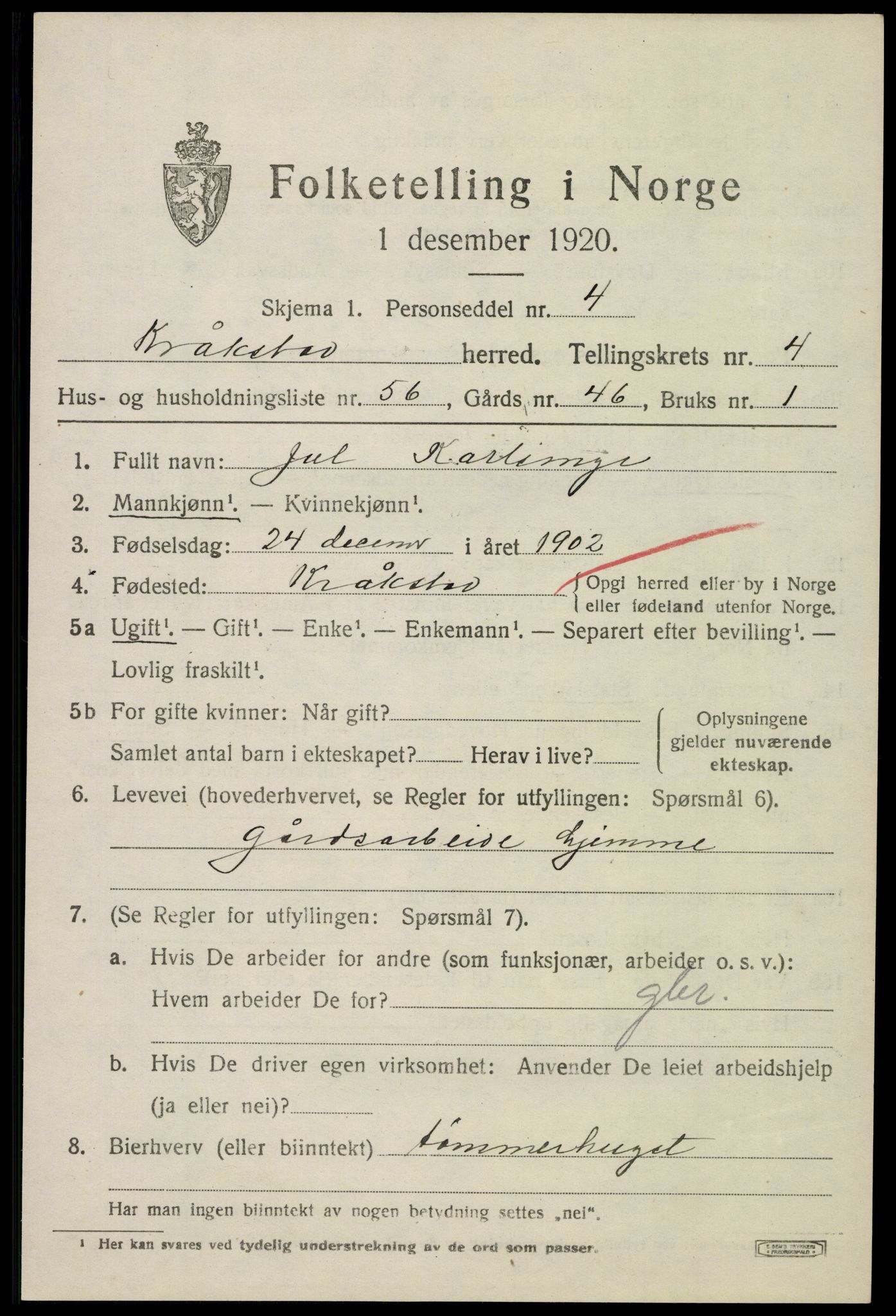 SAO, 1920 census for Kråkstad, 1920, p. 4797