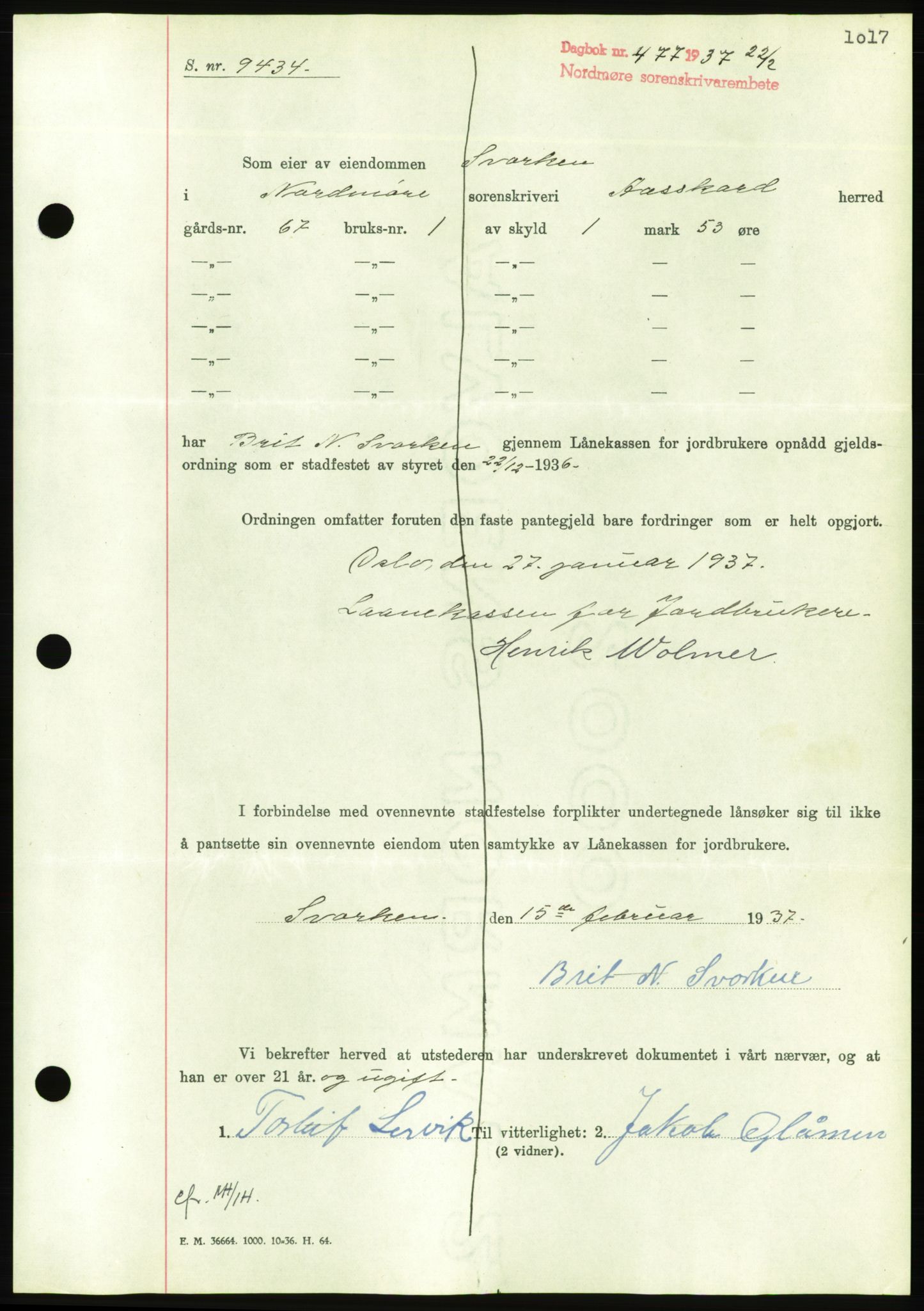 Nordmøre sorenskriveri, AV/SAT-A-4132/1/2/2Ca/L0090: Mortgage book no. B80, 1936-1937, Diary no: : 477/1937