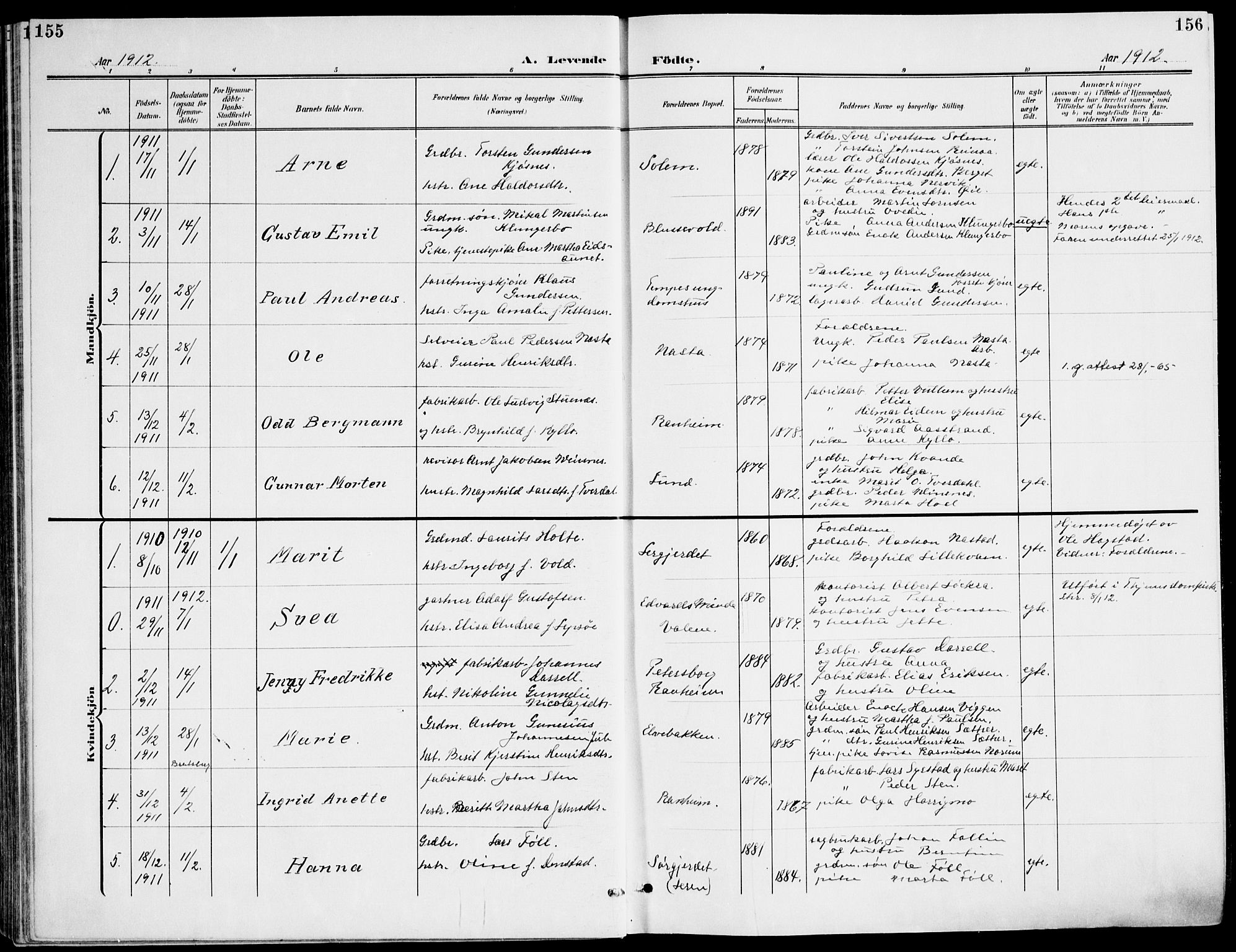 Ministerialprotokoller, klokkerbøker og fødselsregistre - Sør-Trøndelag, SAT/A-1456/607/L0320: Parish register (official) no. 607A04, 1907-1915, p. 155-156