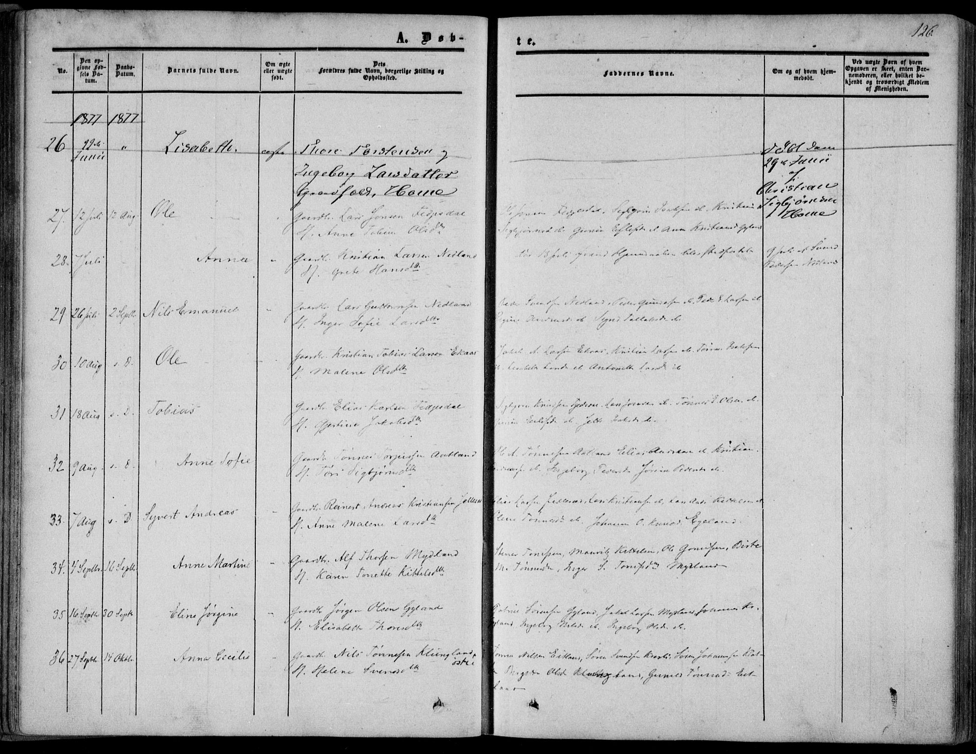 Bakke sokneprestkontor, AV/SAK-1111-0002/F/Fa/Fab/L0002: Parish register (official) no. A 2, 1855-1884, p. 126