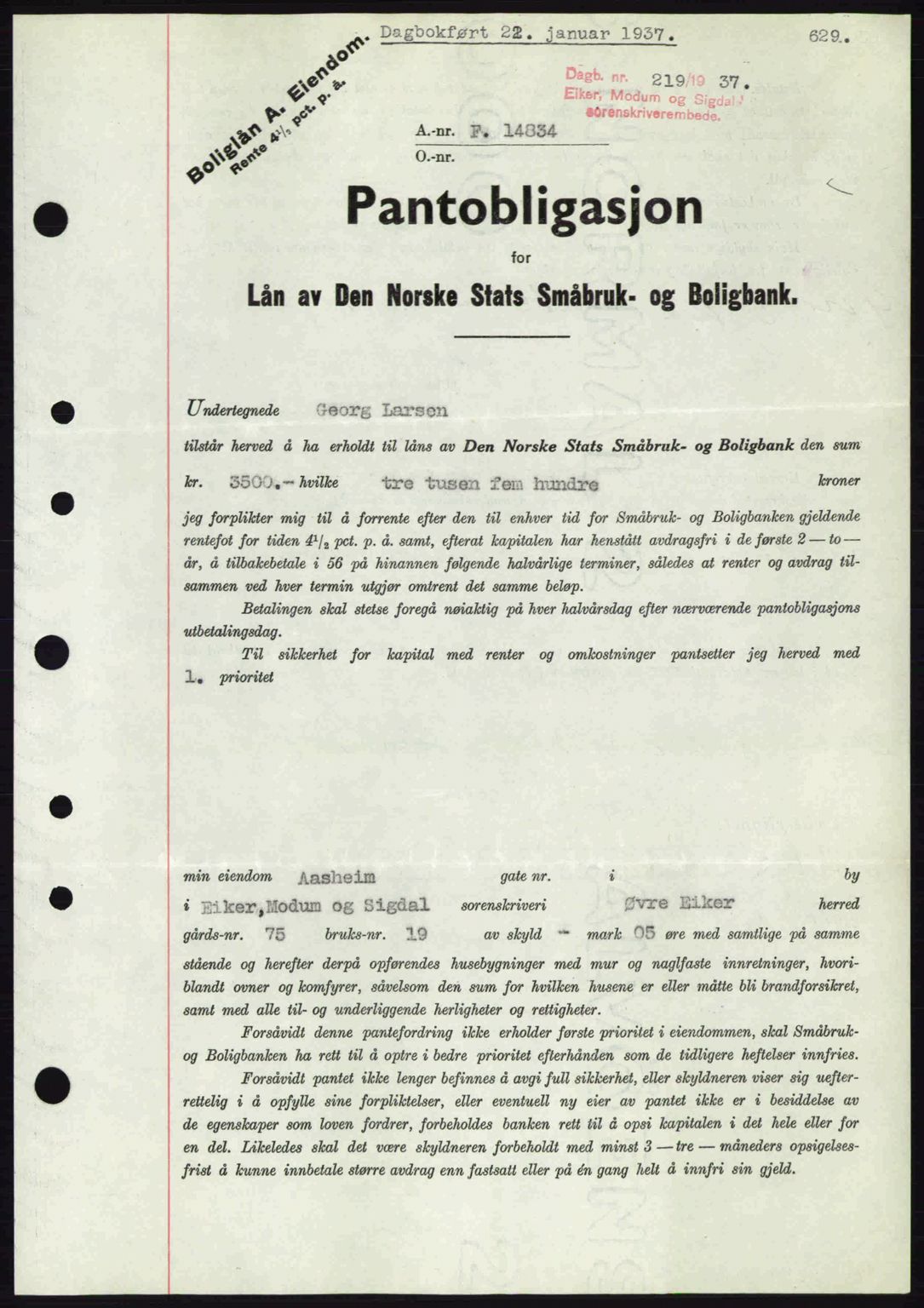 Eiker, Modum og Sigdal sorenskriveri, SAKO/A-123/G/Ga/Gab/L0034: Mortgage book no. A4, 1936-1937, Diary no: : 219/1937