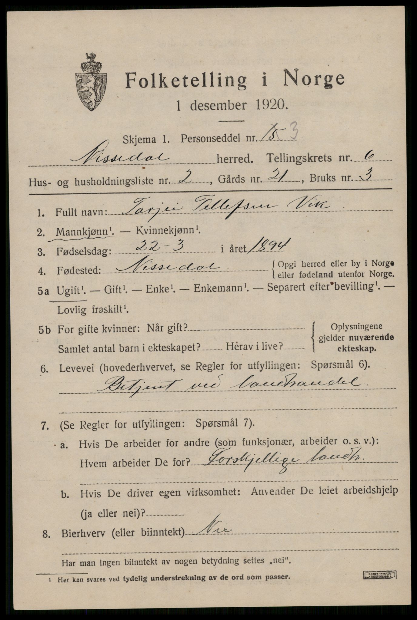 SAKO, 1920 census for Nissedal, 1920, p. 2299
