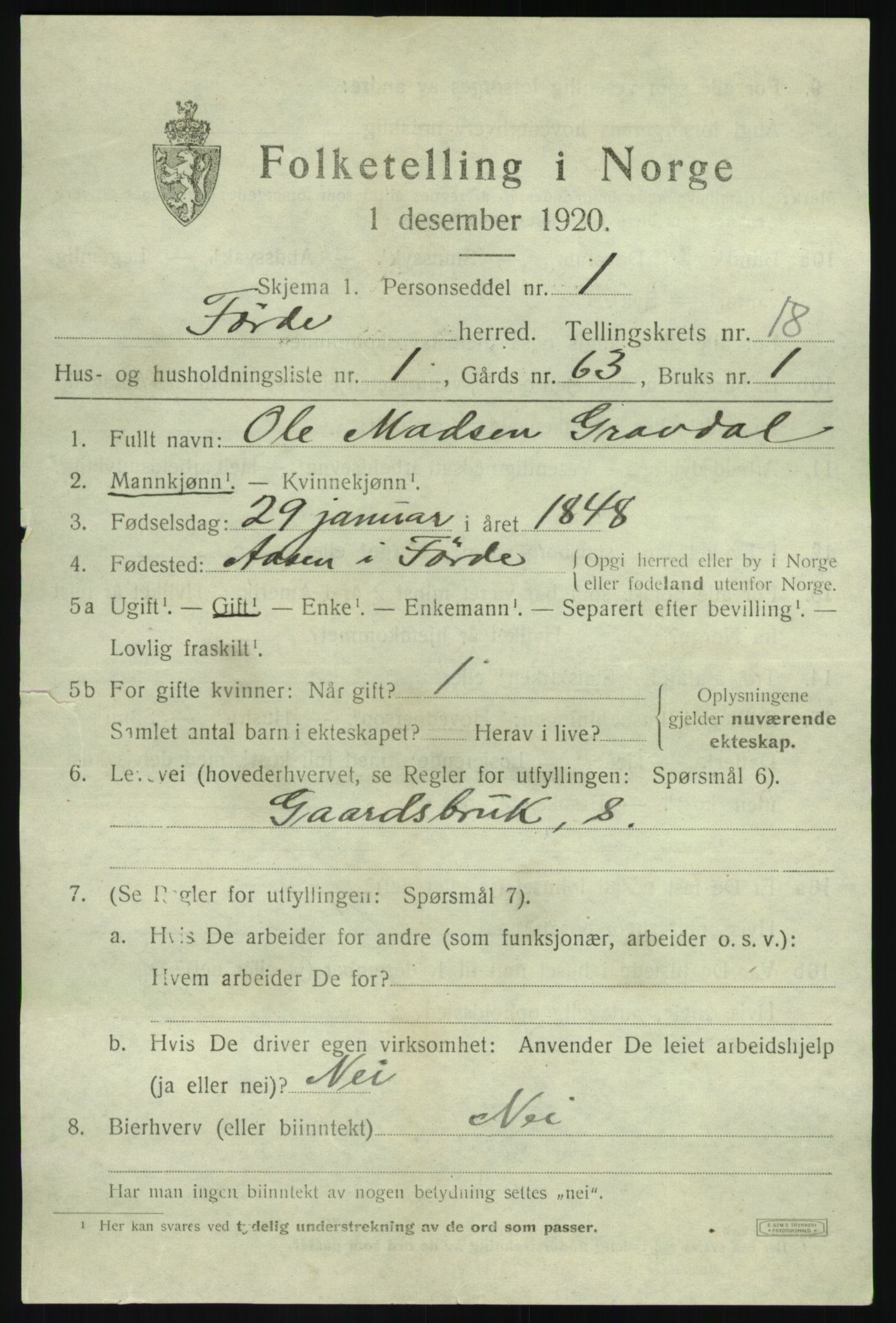 SAB, 1920 census for Førde, 1920, p. 6448