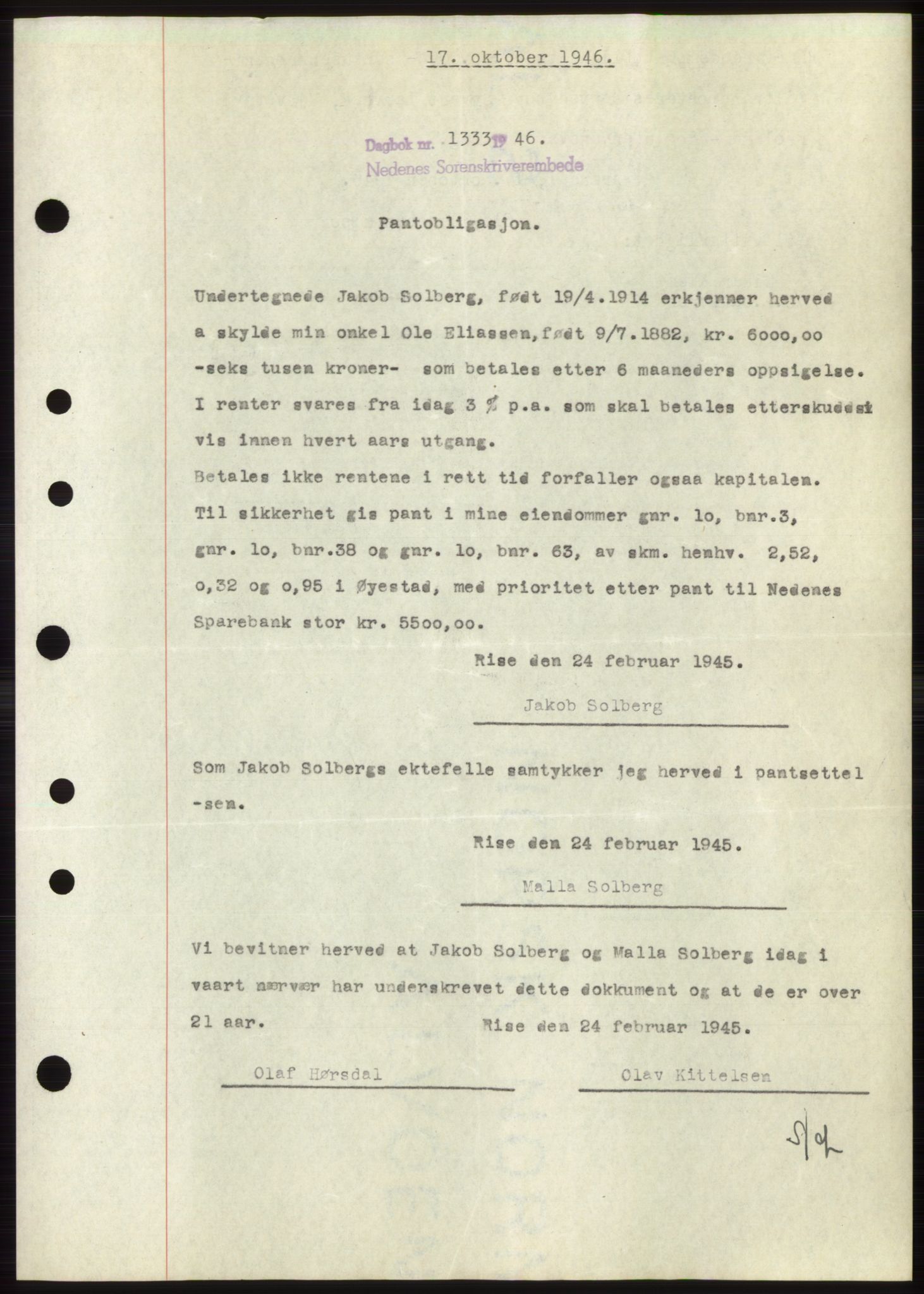 Nedenes sorenskriveri, SAK/1221-0006/G/Gb/Gbb/L0003: Mortgage book no. B3b, 1946-1946, Diary no: : 1333/1946