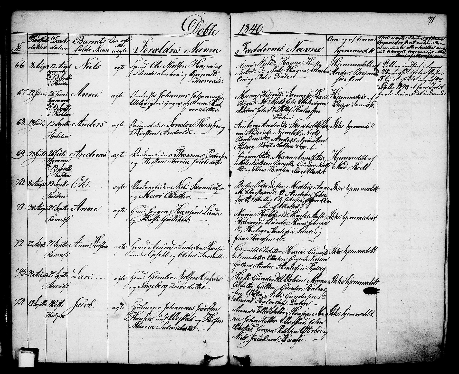 Holla kirkebøker, AV/SAKO-A-272/F/Fa/L0004: Parish register (official) no. 4, 1830-1848, p. 91