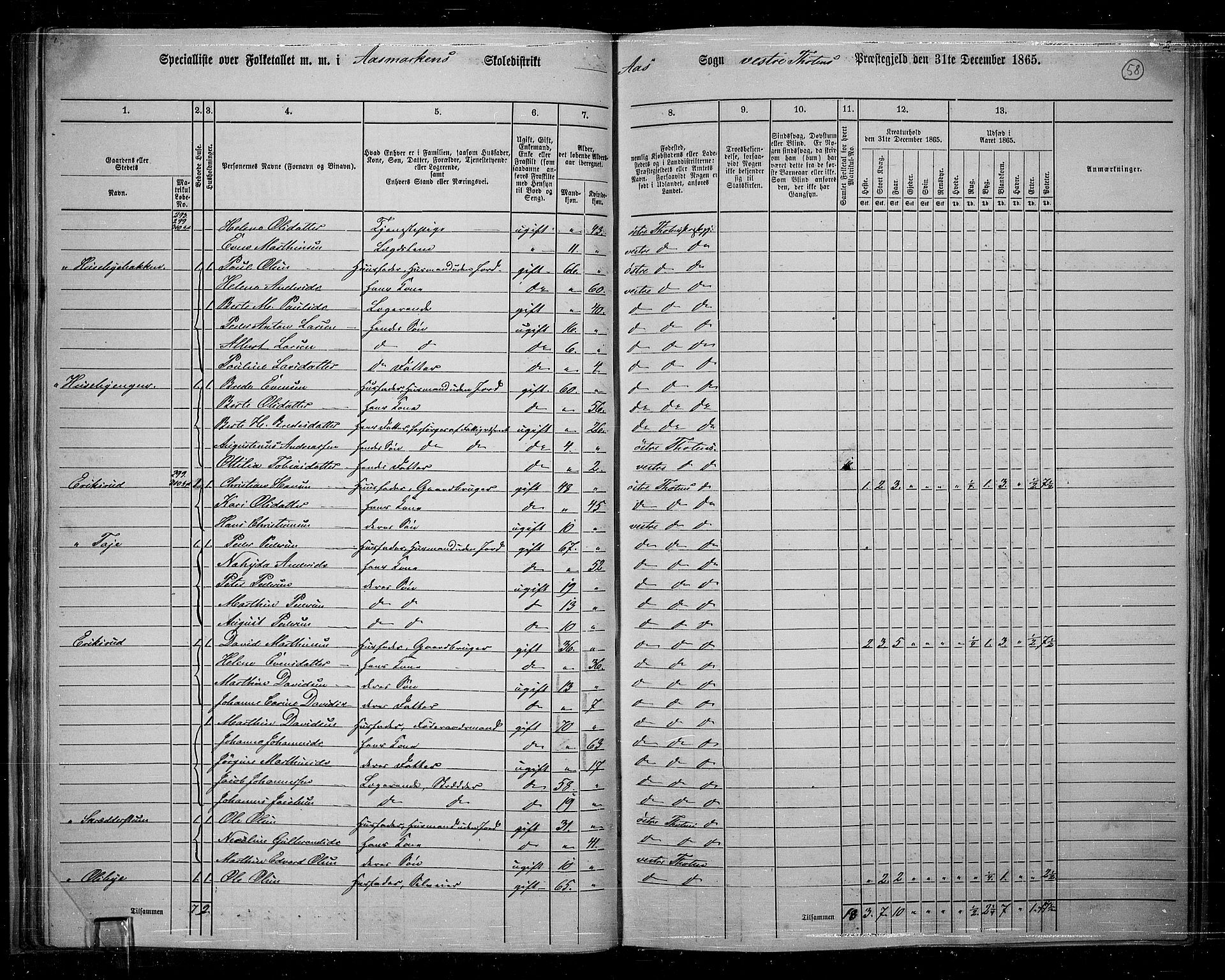 RA, 1865 census for Vestre Toten, 1865, p. 54