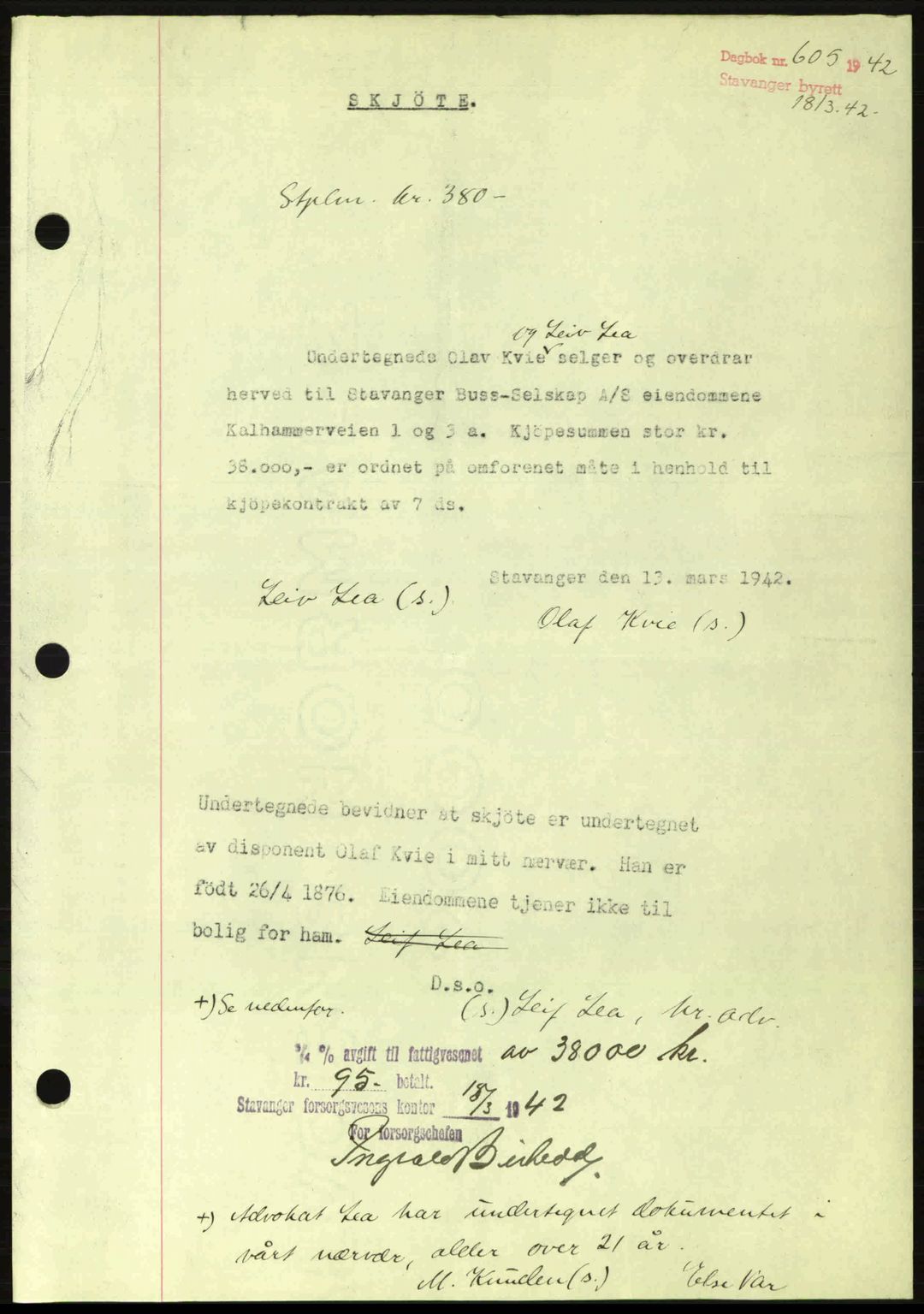 Stavanger byrett, SAST/A-100455/002/G/Gb/L0017: Mortgage book no. A7, 1941-1943, Diary no: : 605/1942